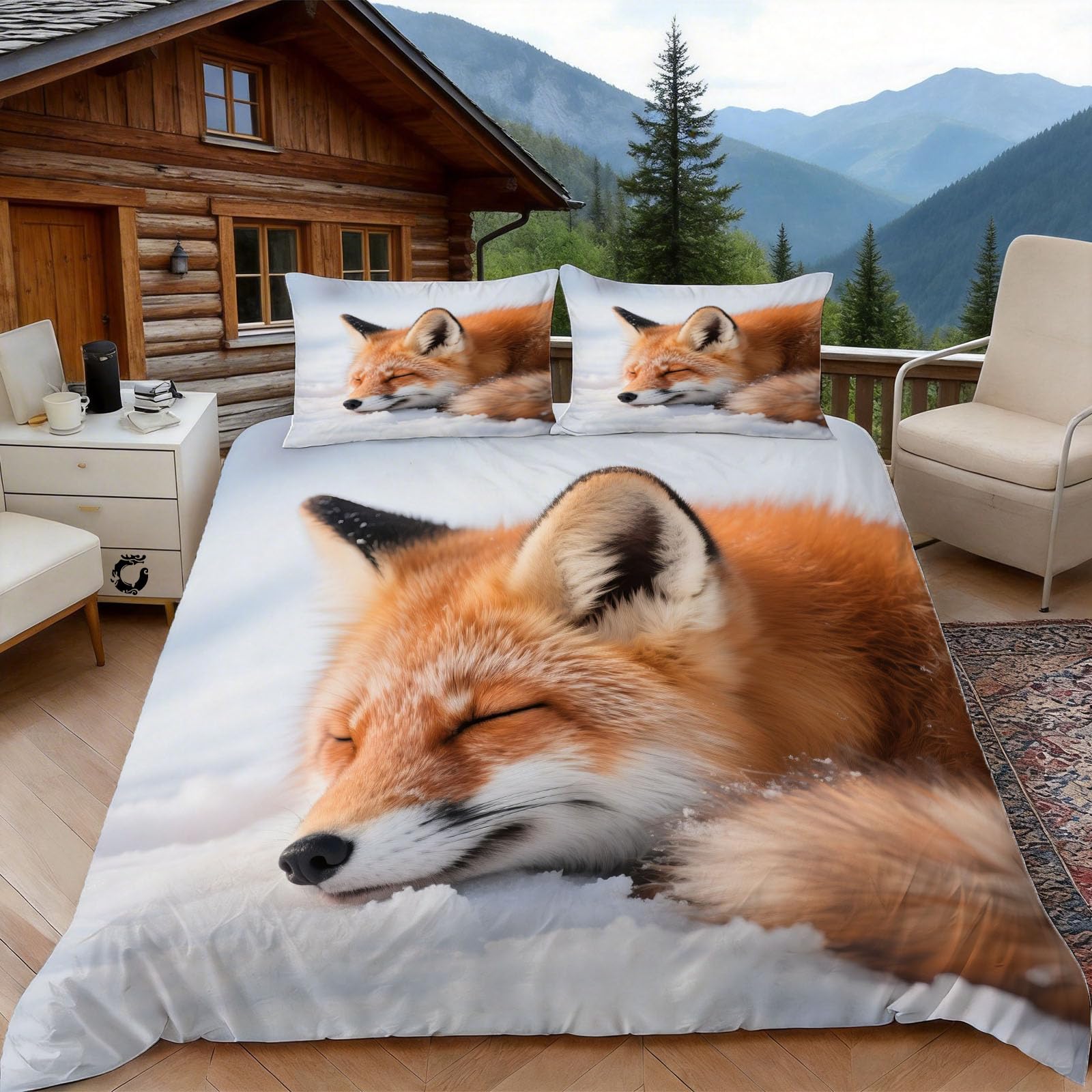 3D Double Duvet Set 3D Printed Cute Fox Bedding, Wildlife Animal Soft Microfibre Duvet Cover Sets Quilt Cover and Pillow Set with Zipper 3 Pcs