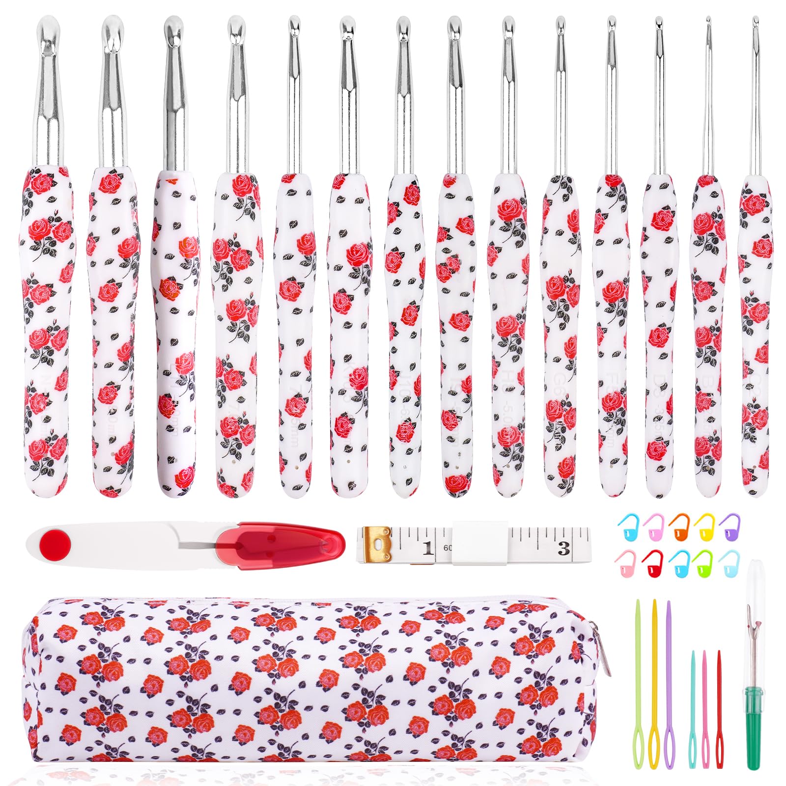 Weabetfu Lot de 14 crochets ergonomiques avec poignée ergonomique pour mains arthritiques 2,25 mm (B) à 10 mm (N), crochet en forme de fleur de rose, aiguilles à crochet en caoutchouc souple pour