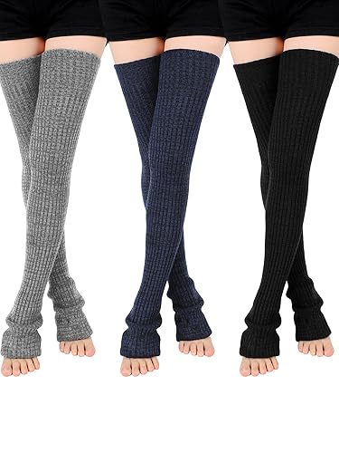 SATINIOR 3 Pairs Thigh High Leg Warmers Knit Long Leg Warmers Warm Sweater for Women Footless Socks - Charcoal Black, Dark Grey, Light Grey