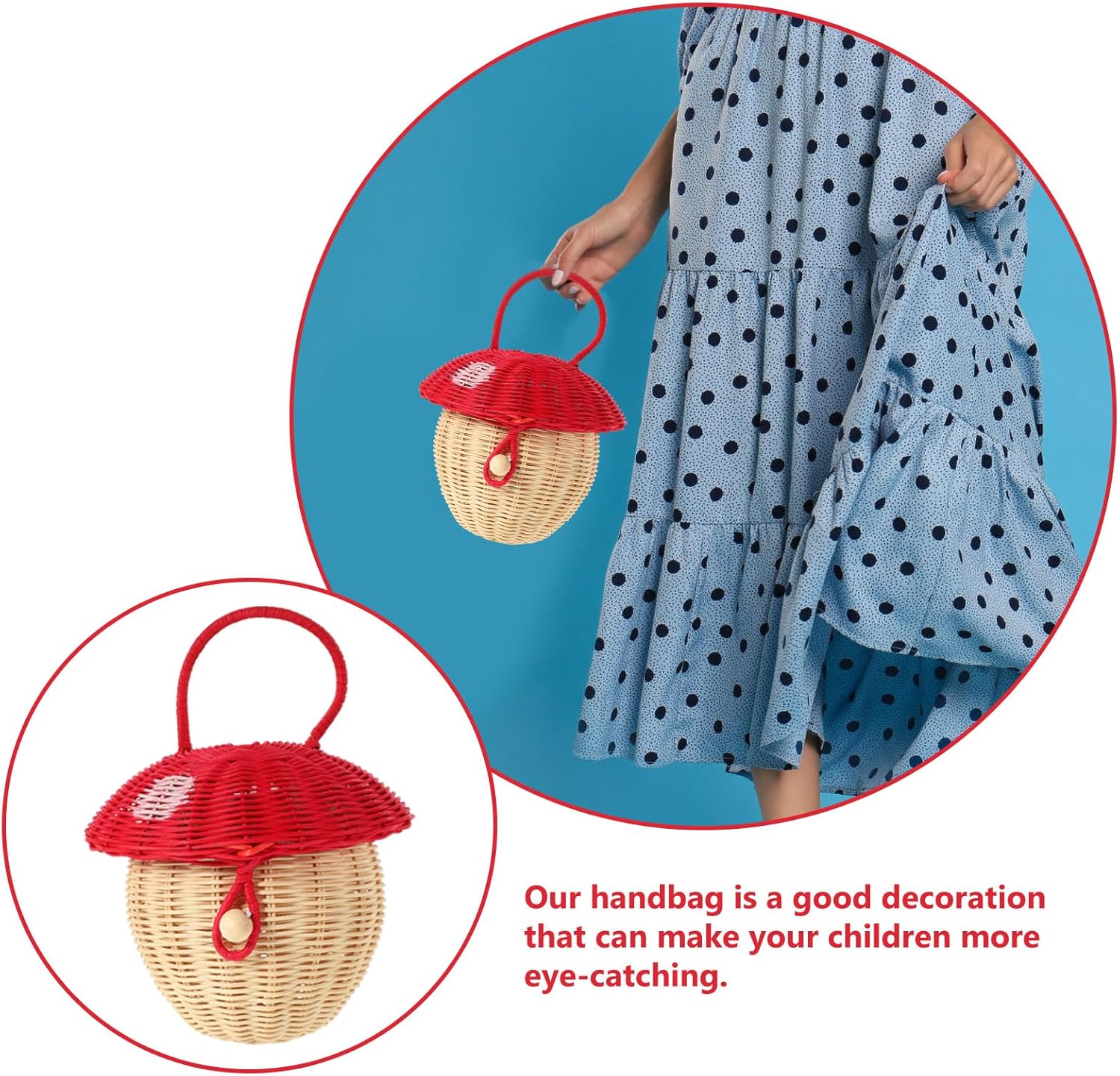 TEHAUX Rattan Bag, Rattan Bucket Bag Hand-woven Storage Basket Handbag Candy Handbag Woven Mushroom Basket for Kids