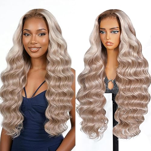 TESLAL Ash Blonde Wig Human Hair Blend Wear and Go Glueless Wigs Pre Plucked Pre Cut Lace 6X6 Body Wave Wig Ombre Blond Hair Synthetic Wig 30Inch 260% Density