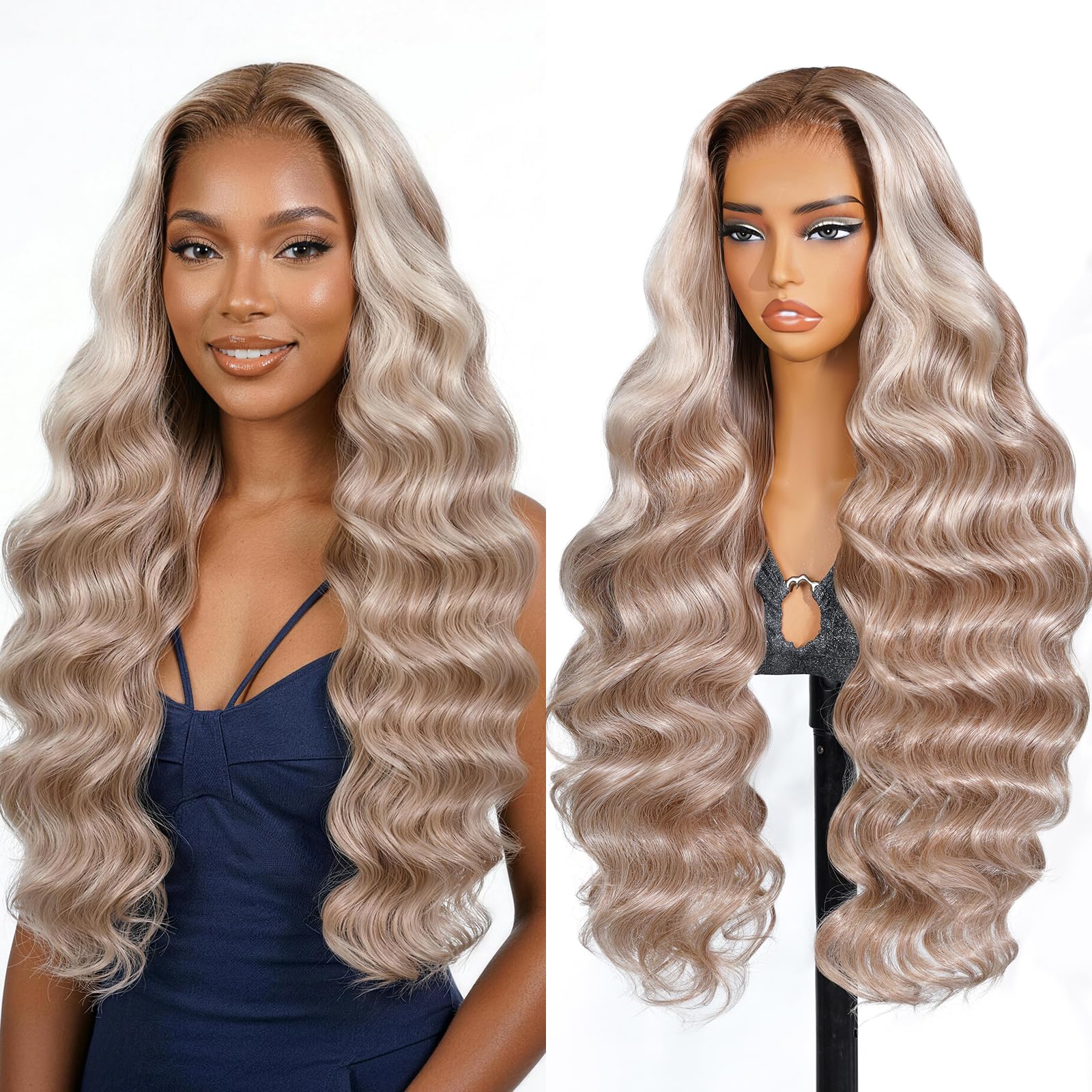 TESLAL Ash Blonde Wig Human Hair Blend Wear and Go Glueless Wigs Pre Plucked Pre Cut Lace 6X6 Body Wave Wig Ombre Blonde Hair Synthetic Wig 26Inch