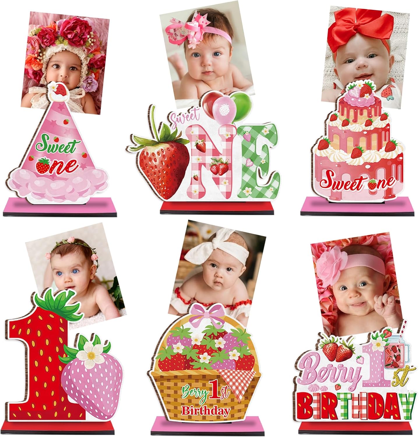 QICI Berry First Birthday Decor - 6PCS Sweet One Pink Strawberry 1st Birthday Decorations - Wooden Table Centerpiece with Photo Clips - Baby Girl