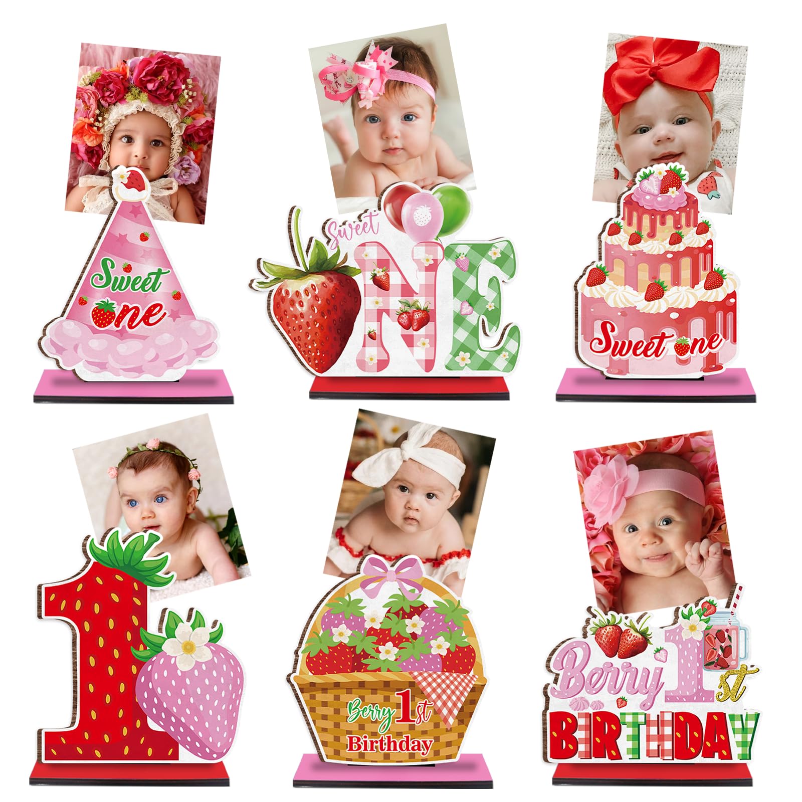 QICI Berry First Birthday Decor - 6PCS Sweet One Pink Strawberry 1st Birthday Decorations - Wooden Table Centerpiece with Photo Clips - Baby Girl