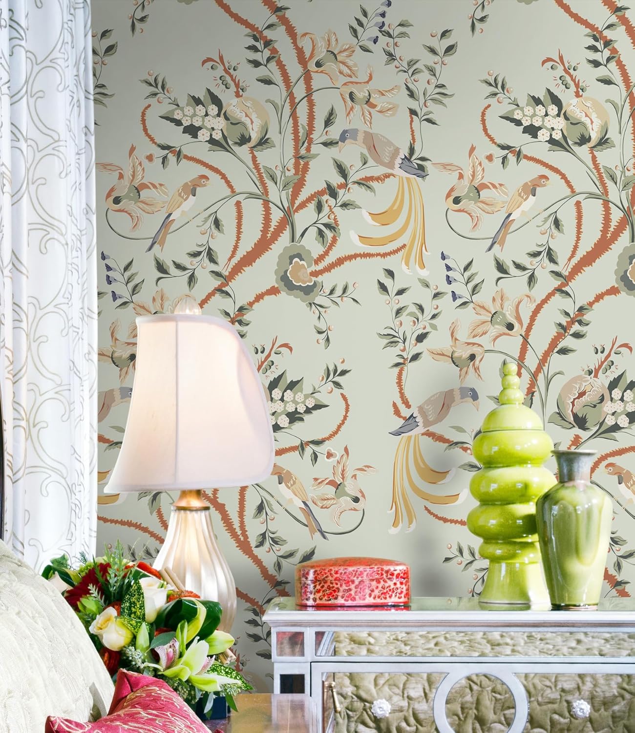 Guvana 23.62"x118" Floral Wallpaper Extra-Wide Peel and Stick Wallpaper Bird Contact Paper Green Removable Wallpaper DIY Contact Paper Colorful Self Adhesive Wallpaper for Livingroom Bedroom Decor