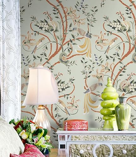 Miniatura 7 de Guvana Papel tapiz floral de 16.14 x 394 pulgadas, autoadhesivo, bohemio, con diseño de hojas y flores, fondo verde claro, decoración de pared