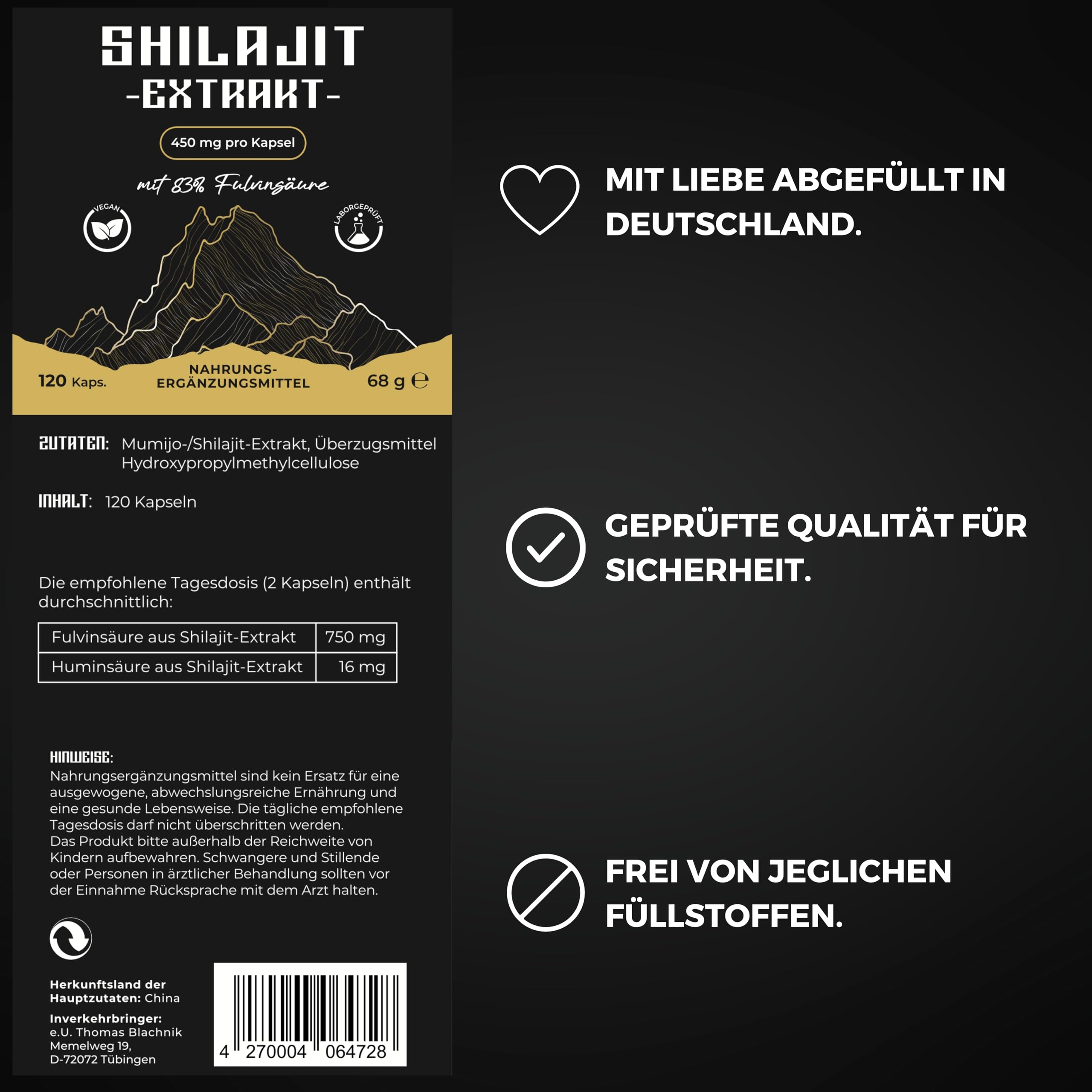 Himalaya Original Shilajit Kapseln Hochdosiert - 10:1 Extrakt - 83% Fulvinsäure | Abgefüllt und Laborgeprüft in DE | 120 Kapseln - 900mg Mumijo Tagesdosis | Vegan & ohne Zusätze
