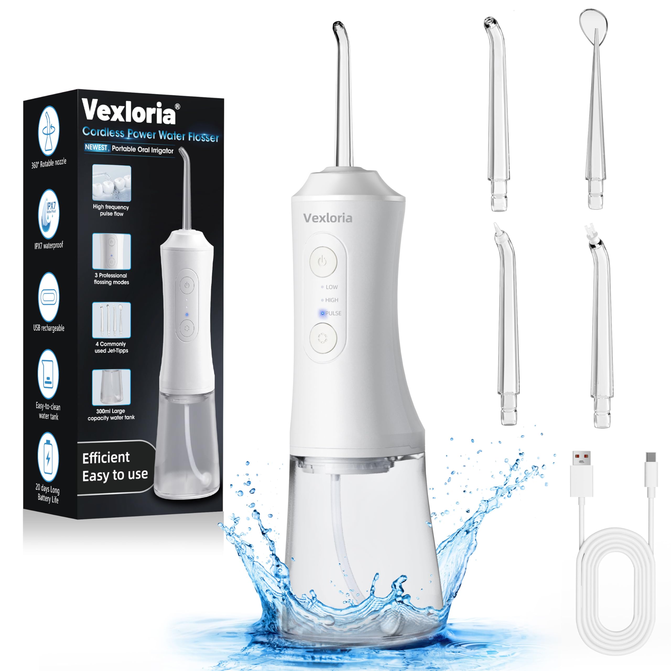 Vexloria Munddusche Kabellos, Elektrische Zahnreiniger Tragbar IPX7 Water Flosser 3 Modi & 4 Düsen, 300ML Zahndusche Oral Munddusche Testsieger für Entfernt Speisereste und Reinigt Die Zähne (Weiß)