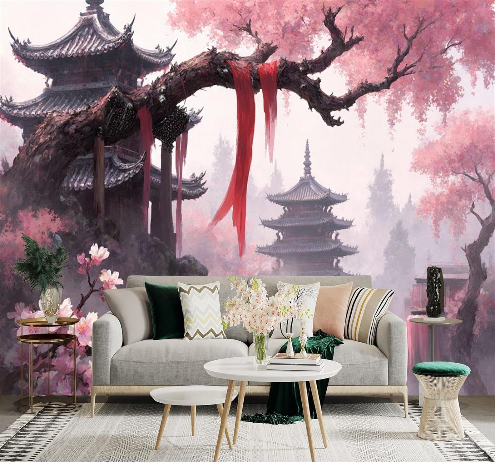 XLMING Picturesque Cherry Blossoms Temple Waterfall Misty Mountains 3D Wallpaper Premium Textured Silk Study Dining Living Room Bedroom Sofa TV Wall Easy Install-300cm×210cm