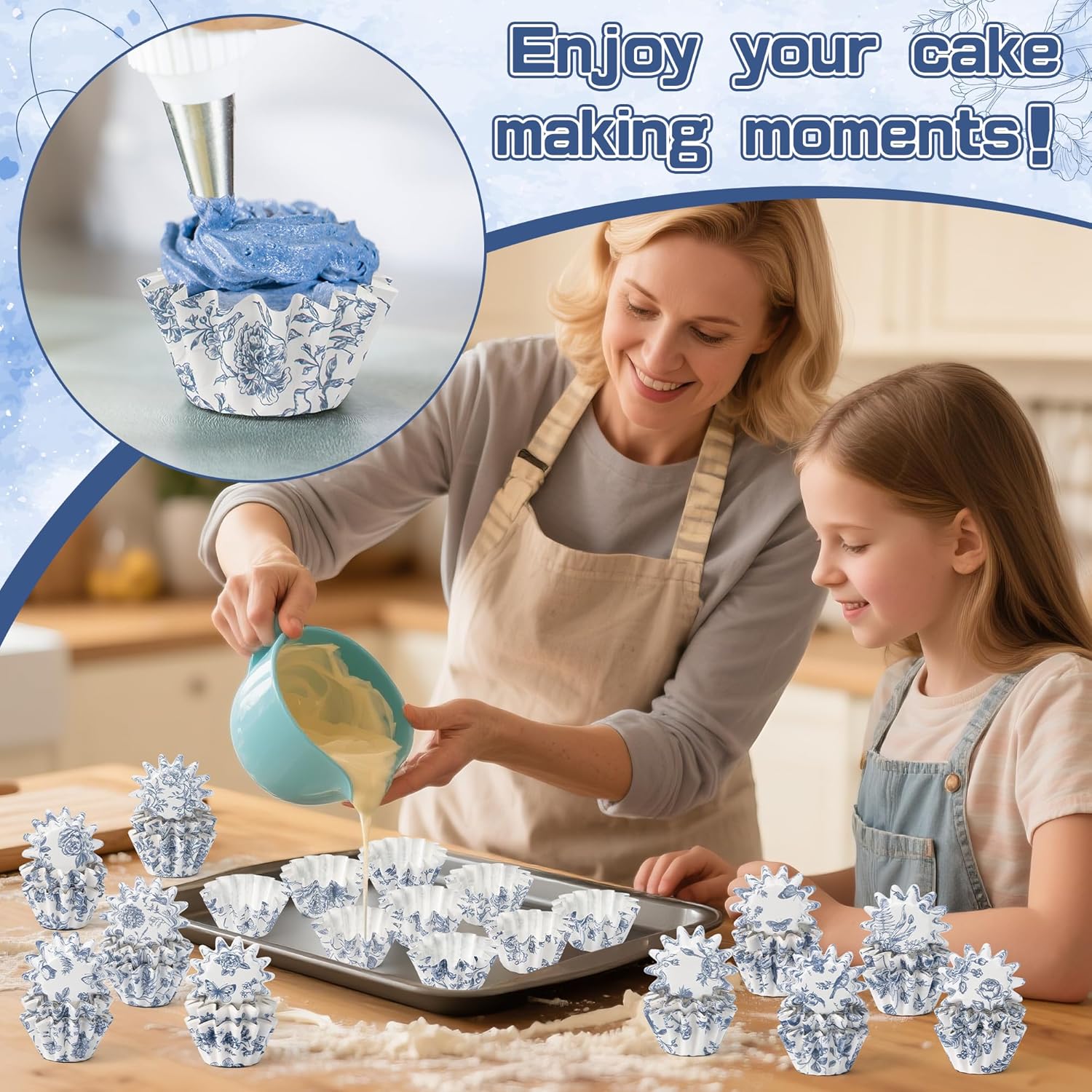 R HORSE Mini Size Cupcake Liners - 200Pcs Blue and White Flowers Grease-resistant Cupcake Cups for Baking, Heavy Duty Paper Muffin Baking Cups for Women Hostess Birthday Party Wedding Supplies - Image 4