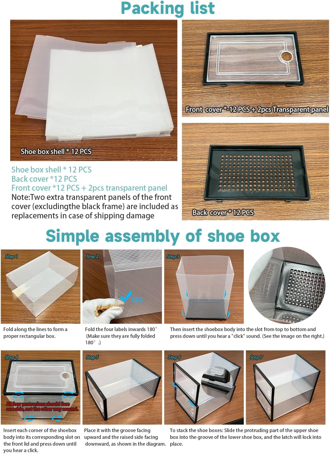 12 Pack Shoe Storage Boxes, Clear Plastic Stackable Shoe Organizer for Closet, Foldable Shoe Rack with Lids for Entryway, Closet, Under Bed, Black (13.2 x 9.8 x 6.7inches)