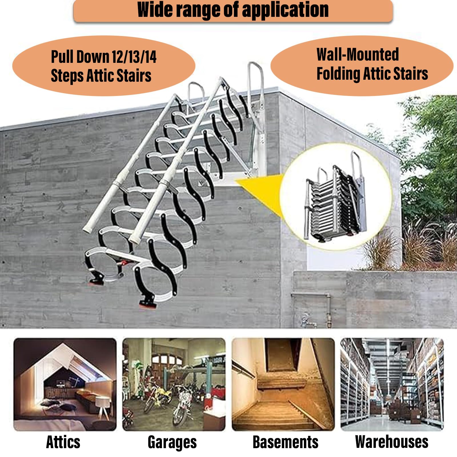 Dachbodentreppe, 9 Stufen Extra-Breite Stahl wandmontierte Versenkbare Treppe, Dachbodenleiter Ausziehbar, Dachtreppe, mit 2 Handläufen, Tragkraft 300 kg, rutschfesten Stufen