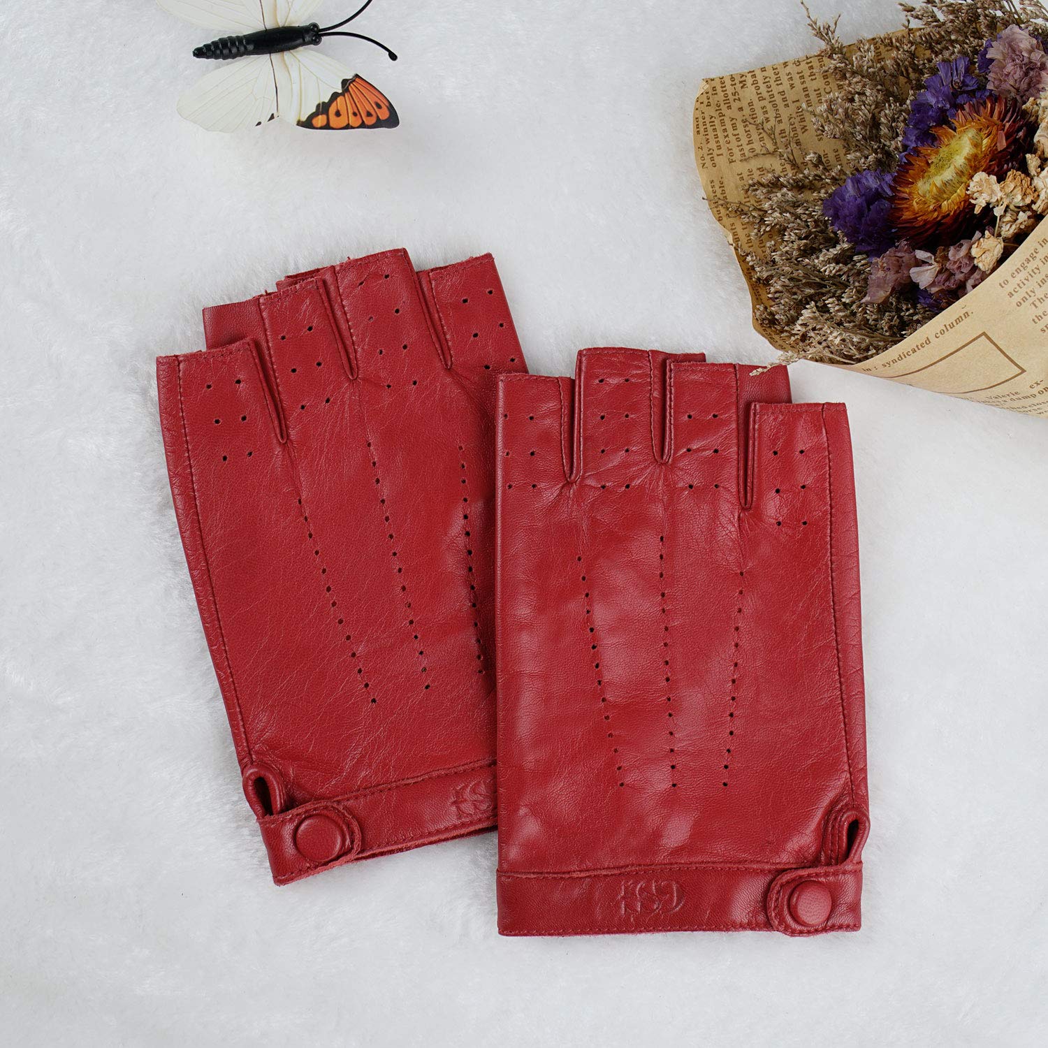 GSG SINCE 1998 Guanti Pelle Donna Senza Dita – Pelle di Pecora, Senza Fodera, Mezza Dita per Guida, Ciclismo e Attività Outdoor, Rosso M