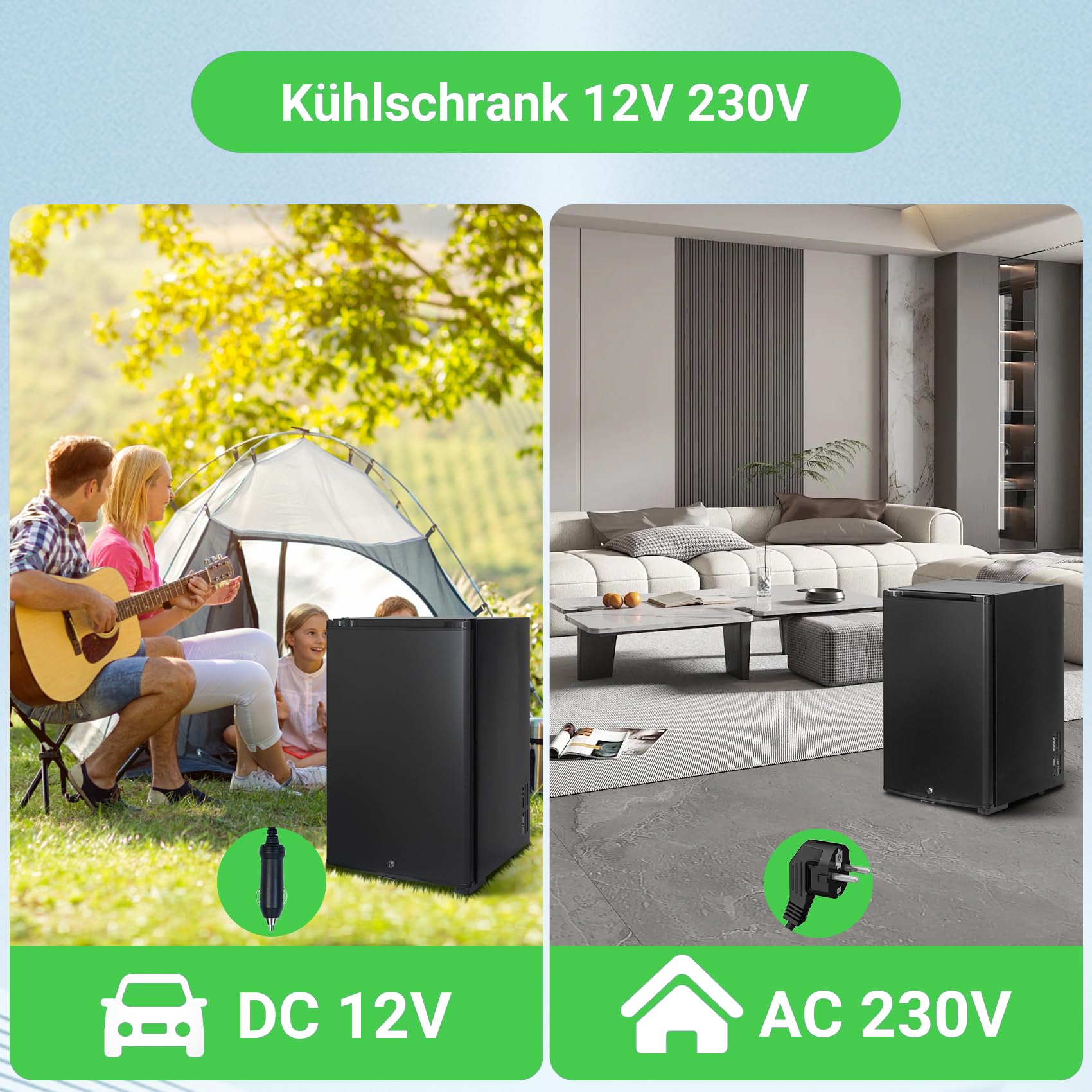 Camping Kühlschrank 50L, Kühlschrank 12V 230V, Kühlschrank Wohnwagen mit Schloss und Wendetür, Wohnmobil Kühlschrank, Minikühlschrank lautlos für Camping, Auto, Zimmer, Schwarz