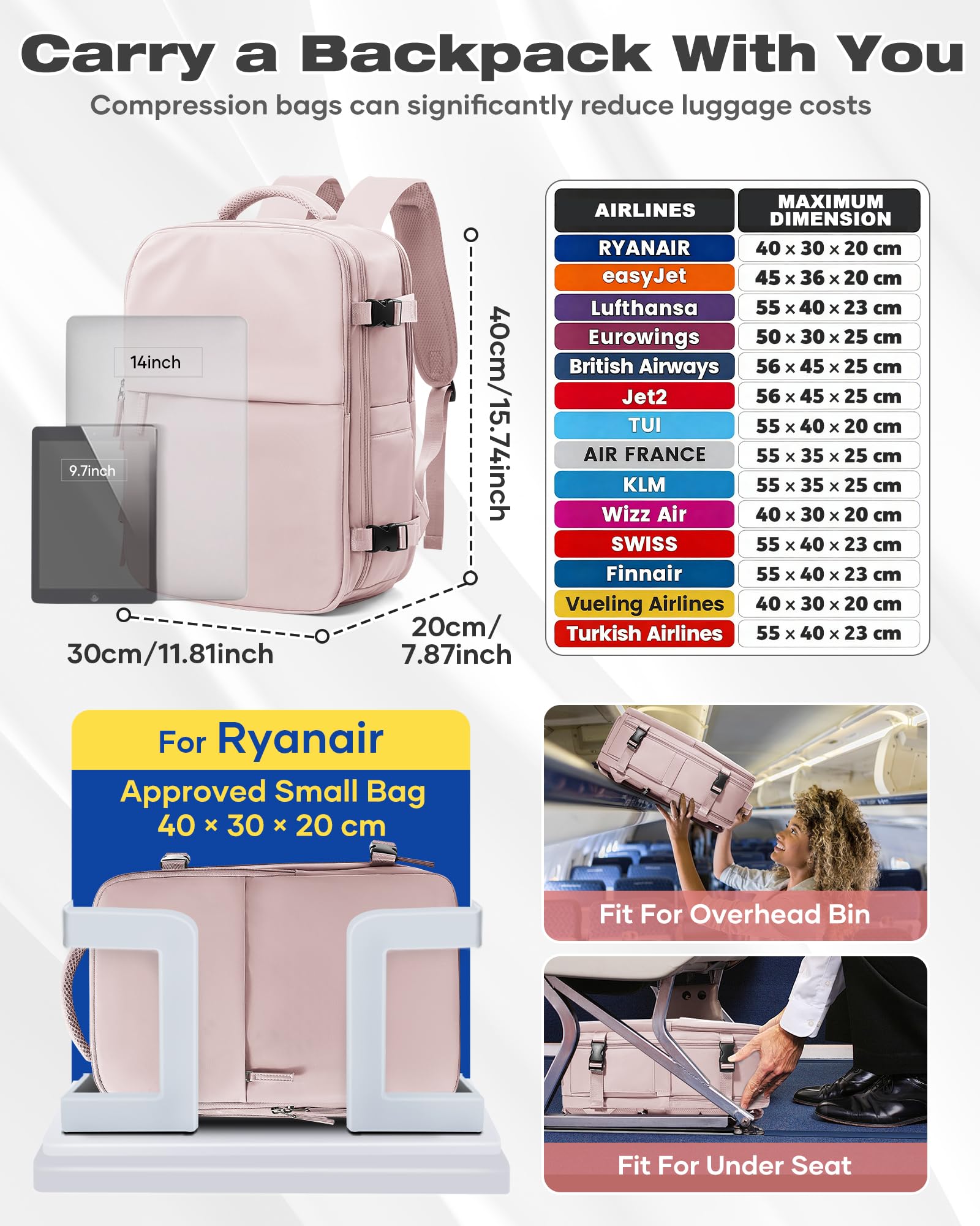 HPLQQ Mochila Viaje Cabina Avion 40x30x20 para Ryanair Mochilas de Vacío con Bomba Bolsa de Cabina Equipaje de Mano Cabina Avion Mochila de Senderismo Mochila Impermeable Cabina Mochila,M-Rosa Claro