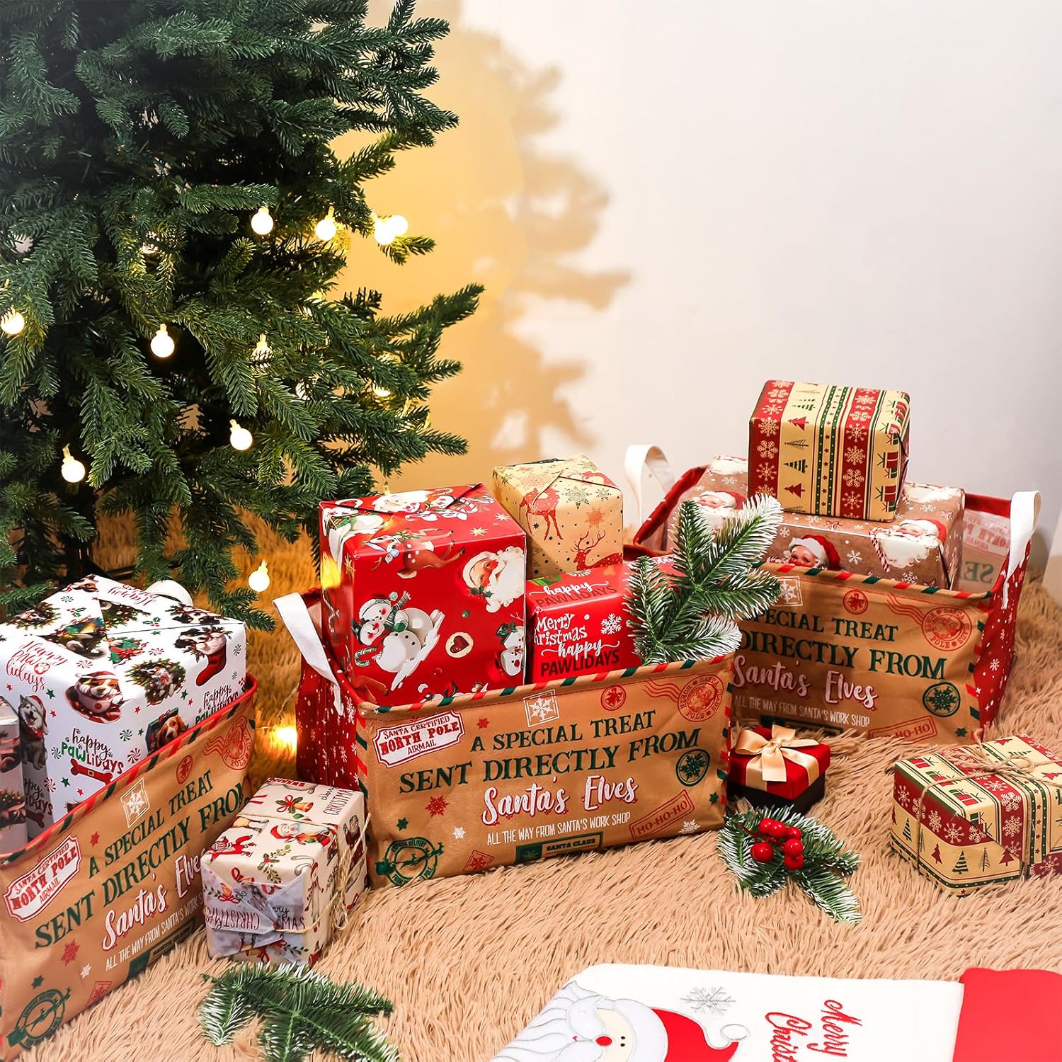 Maxcheck 6 Pcs Large Christmas Santa’s Elves Storage Basket Foldable Christmas Gift Basket Rectangle Xmas Present Storage Boxes Bin Fabric Laundry Storage Organizer with Handles for Cloth Toy