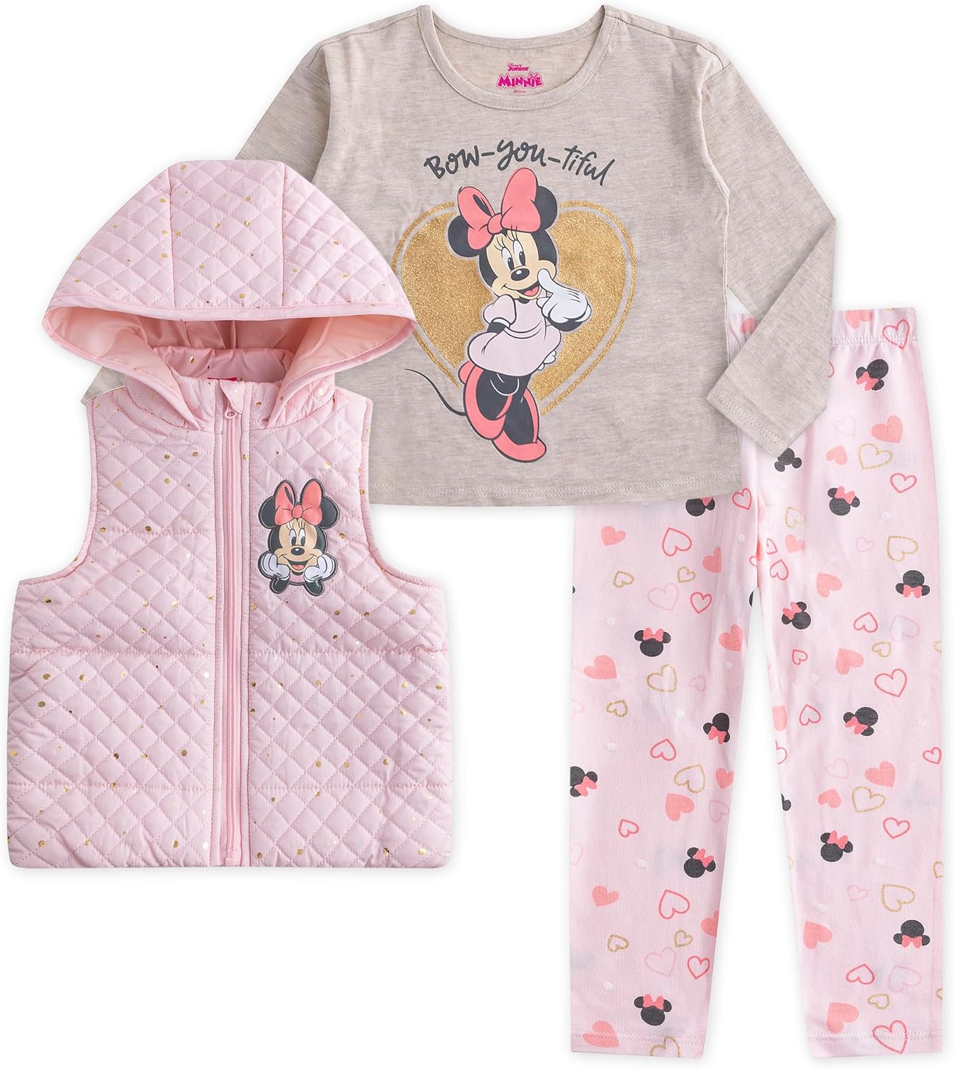 Disney Princess Minnie Mouse Girls Long Sleeve Shirt, Vest and Legging Pants Set for Toddler and Little Kids