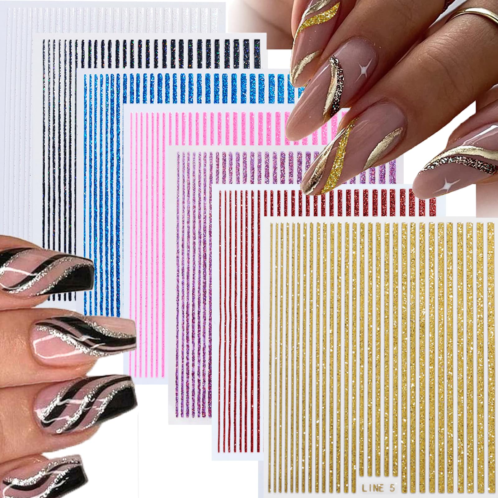Glitter Lines Nail Art Stickers 3D Self Adhesive Line Nail Decals French Tips Holographic Gold Pink Black Silver Stripe Nails Stickers Supplies for Women Manicure 7 Sheets