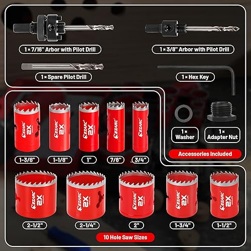 Miniatura 6 de EZARC Kit de sierra perforadora, juego de 16 piezas de sierra de agujero bimetálica con 34"-2-12" (0.748-2.520 in), mandriles, brocas, placa de