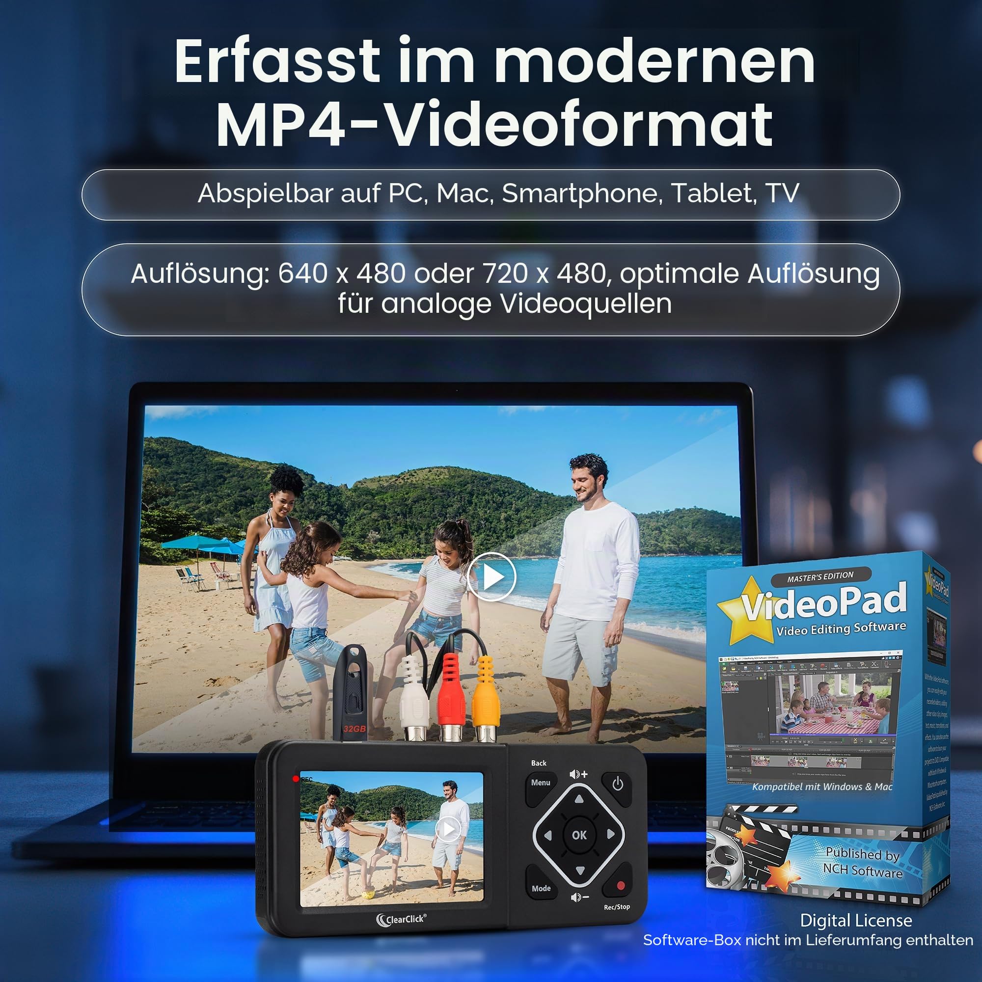 ClearClick Video-zu-Digital-Konverter 2.0 (zweite Generation) – Aufnahme von Videos von Videorekordern, VHS-Bändern, AV, RCA, Hi8, Camcorder, DVD, Gaming-Systemen (Bundle Edition)