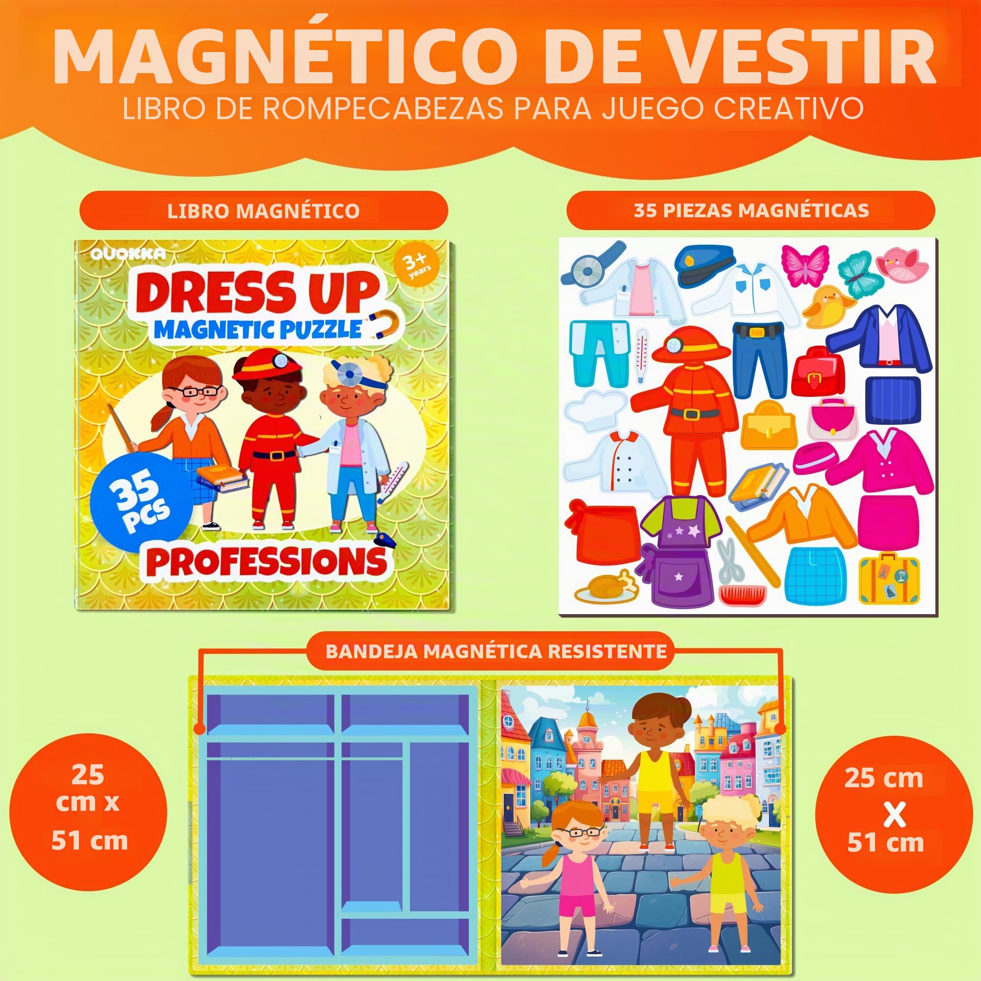 QUOKKA Vestir Muñecas Magnetico para Niños 2 3 Años – Juegos de Viaje Niñas 3 4 Años – 35 Piezas Puzzle Magnético para Avión y Coche – Muñecas Recortables Profesiones – Regalos para Niñas de 2 a 5
