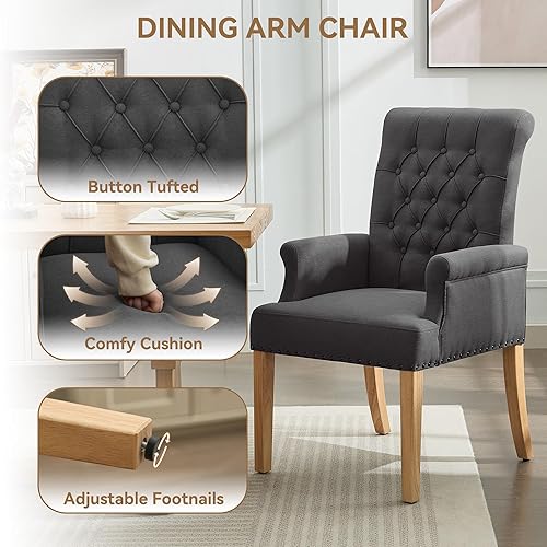 Miniatura 4 de Silla de comedor de tela con brazos, sillas de comedor tapizadas con respaldo alto, sillón decorativo con patas de madera maciza y ribete de cabeza
