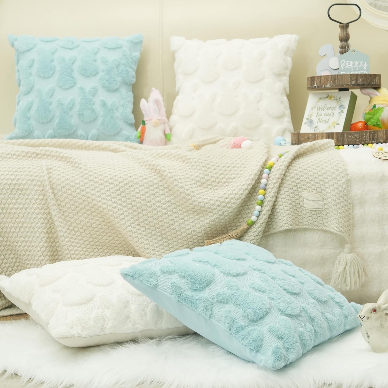 GEEORY Easter Bunny Soft Plush Pillow Covers, 18 x 18 Inch Set of 2, Fluffy Faux Fur Wool Decorative Farmhouse Cushion Case for Sofa Home Decoration Blue GC014-18