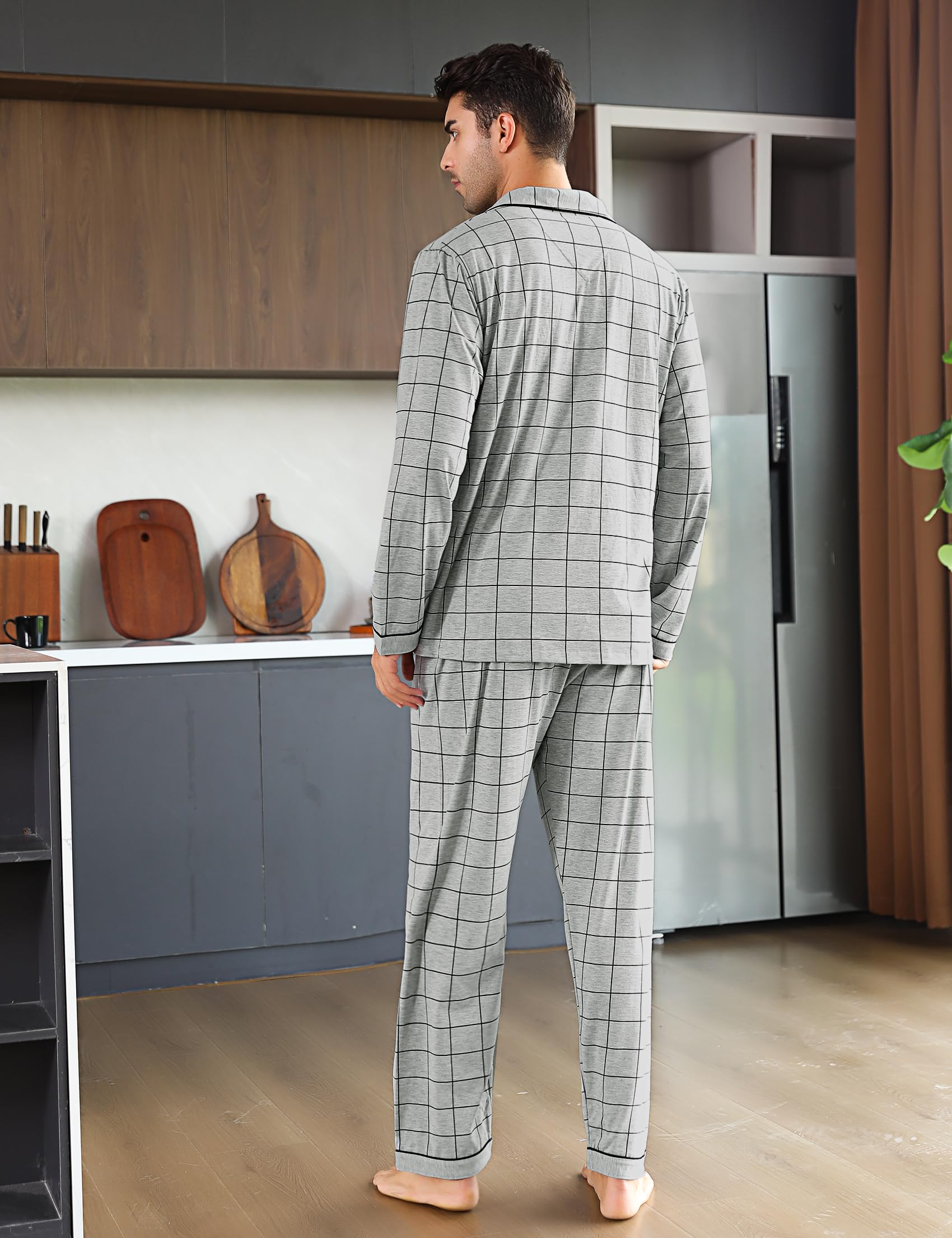 iClosam Pyjama Homme Hiver Coton 2 Pièces Pyjama Long Chaud à Carreaux Ensemble de Pyjamas avec Bouton à Manches Longues Vêtements de Nuit à Rayé S-XXL