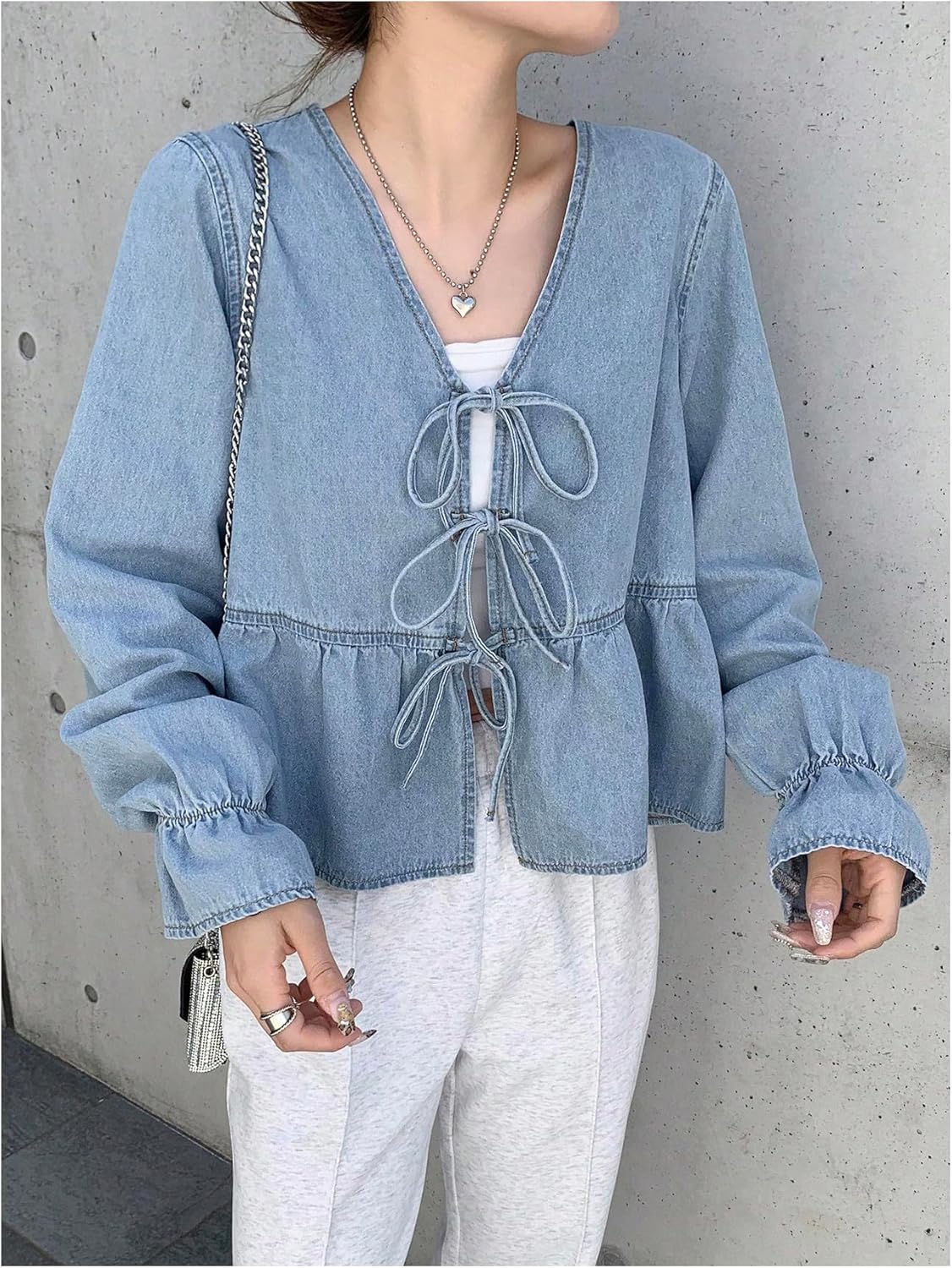 OYOANGLE Women's Bow Tie Front Denim Blouse Cute Bishop Long Sleeve V Neck Ruffle Jean Tops - Image 2