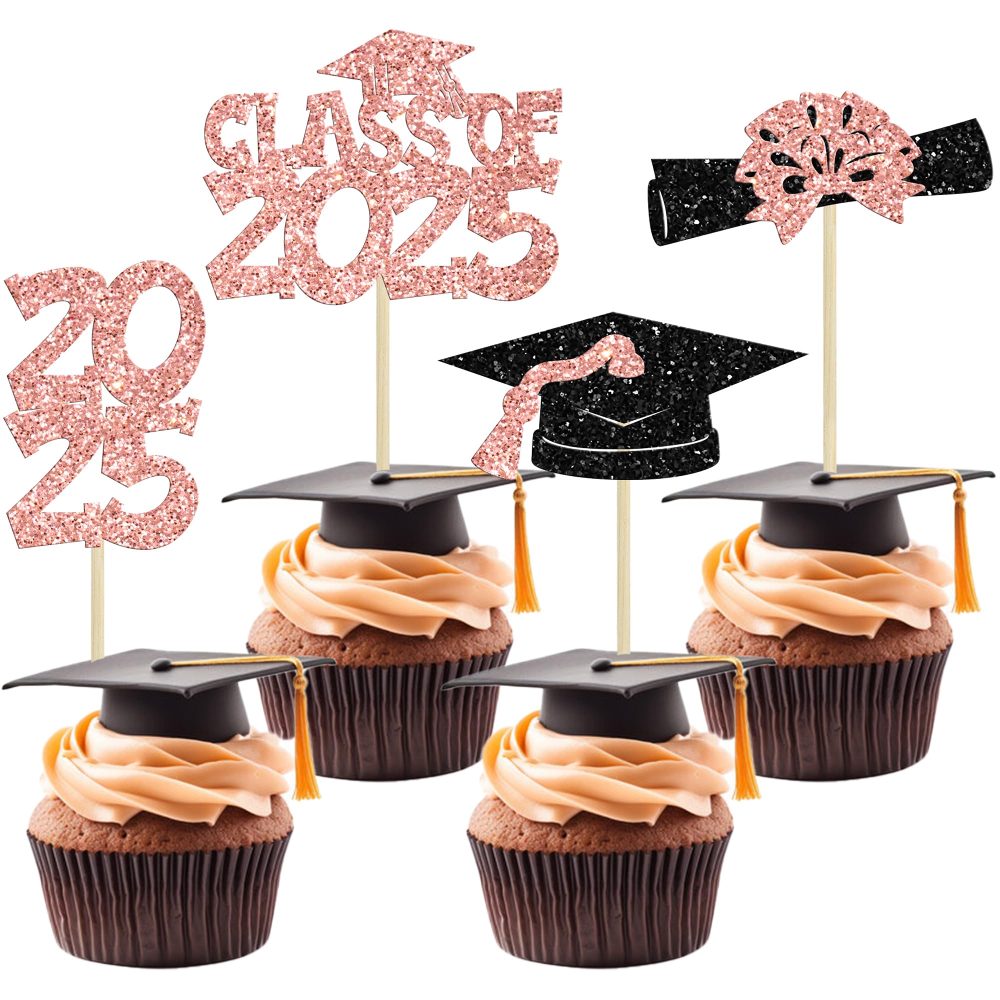 Ephlyn 36Pcs 2025 Graduation Theme Cupcake Toppers Glitter Class of 2025 Congrats Grad Diploma Graduation Cap Cupcake Picks for 2025 Graduation Theme Party Cake Decorations Supplies Rose Gold