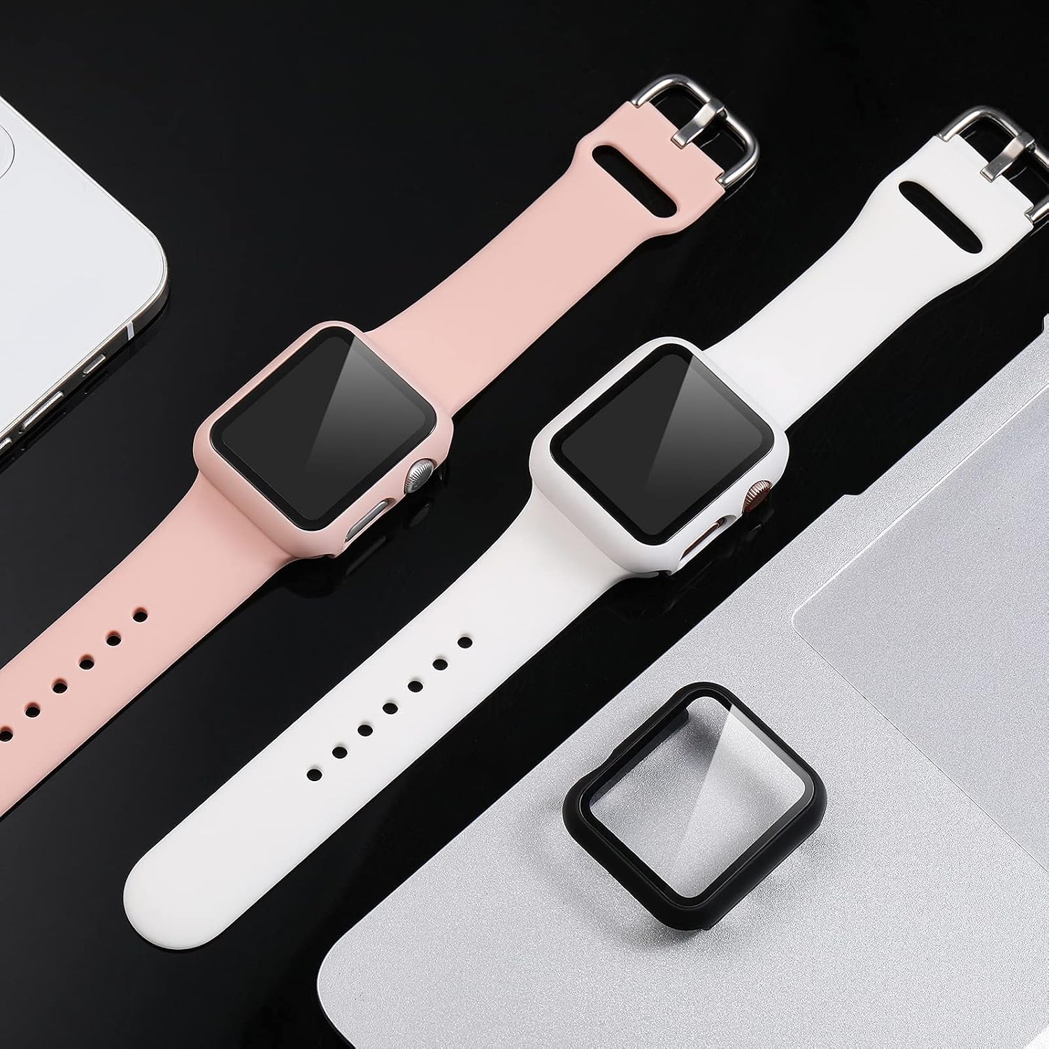 Mastten 3-Pack Case Compatible with Apple Watch Case Series 6 44mm, Bumper Protective Cover Compatible with Apple Watch Screen Protector 44mm with HD Tempered Glass, Black, Pink, White
