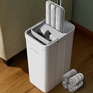 JOYMOOP Juego de trapeador y cubo con escurridor, juego de cubo de fregona plana blanca para limpieza de pisos, mopa húmeda y seca para limpiador de paredes con mango largo, mopa de piso de madera