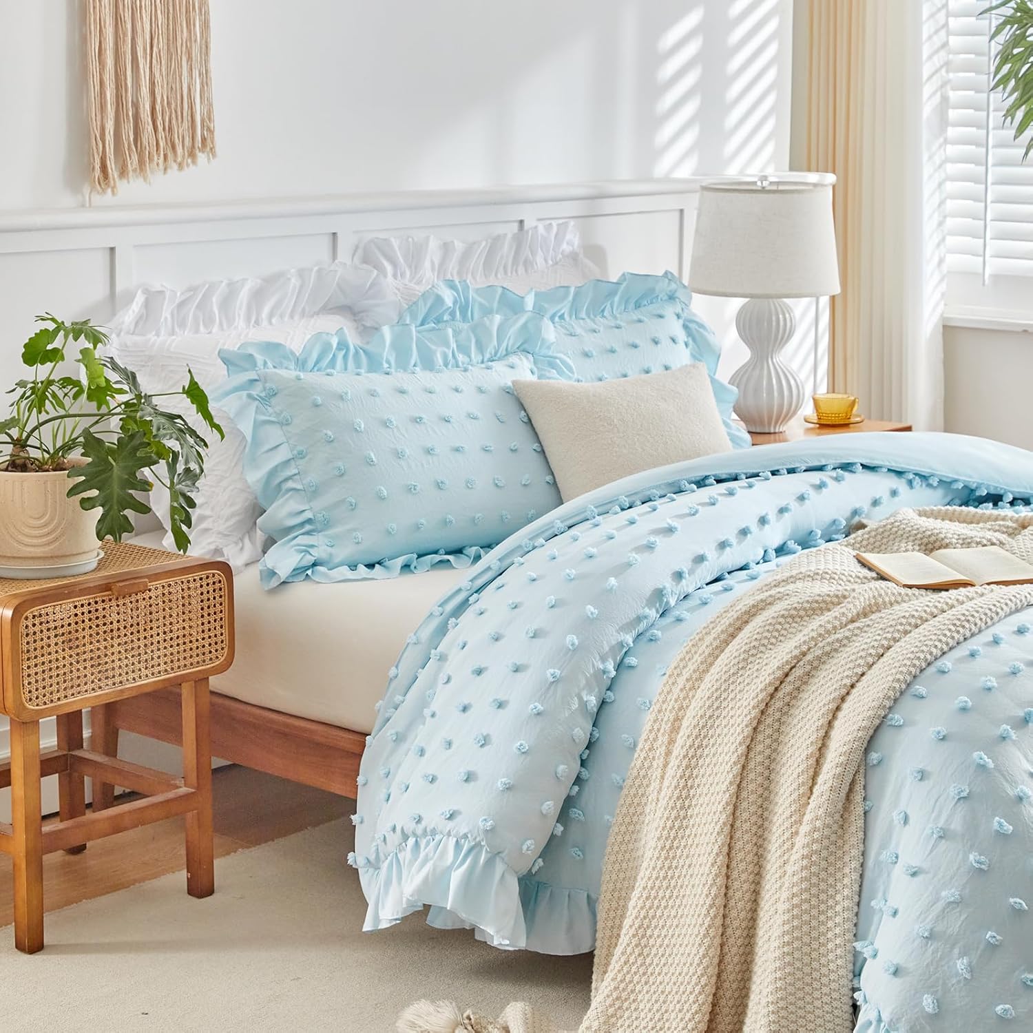 Flysheep Tufted Dots Ruffle Comforter Set Twin Size, 3 Pieces Blue Vintage Farmhouse Shabby Chic Comforters, Jacquard Boho Bohemian Bedding Set for Kids (1 Ruffled Comforter+ 2 Pillow Shams) - Image 6