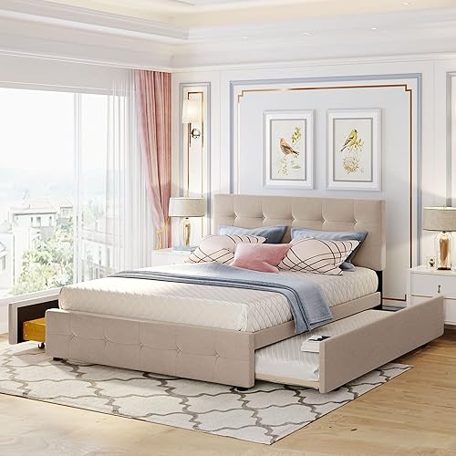 P PURLOVE Cama de plataforma tamaño Queen para dormitorio, marco de cama tapizado de terciopelo para sala de estar, kit de listones incluido, no