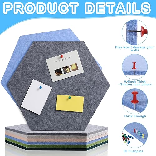 Miniatura 4 de Sasylvia 12 piezas de tablero de corcho hexagonal de fieltro grande de 14 pulgadas, azulejos de fieltro autoadhesivos de fieltro, tablón de