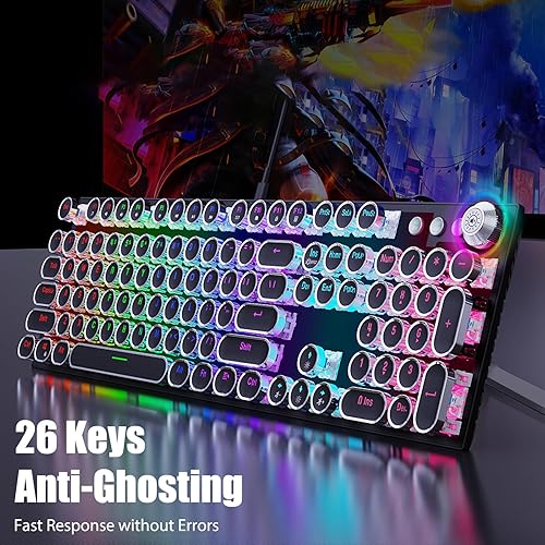 Miniatura 6 de Teclado mecánico para juegos estilo máquina de escribir con perilla de volumen, retroiluminación LED arco iris, tamaño completo, 104 teclas,