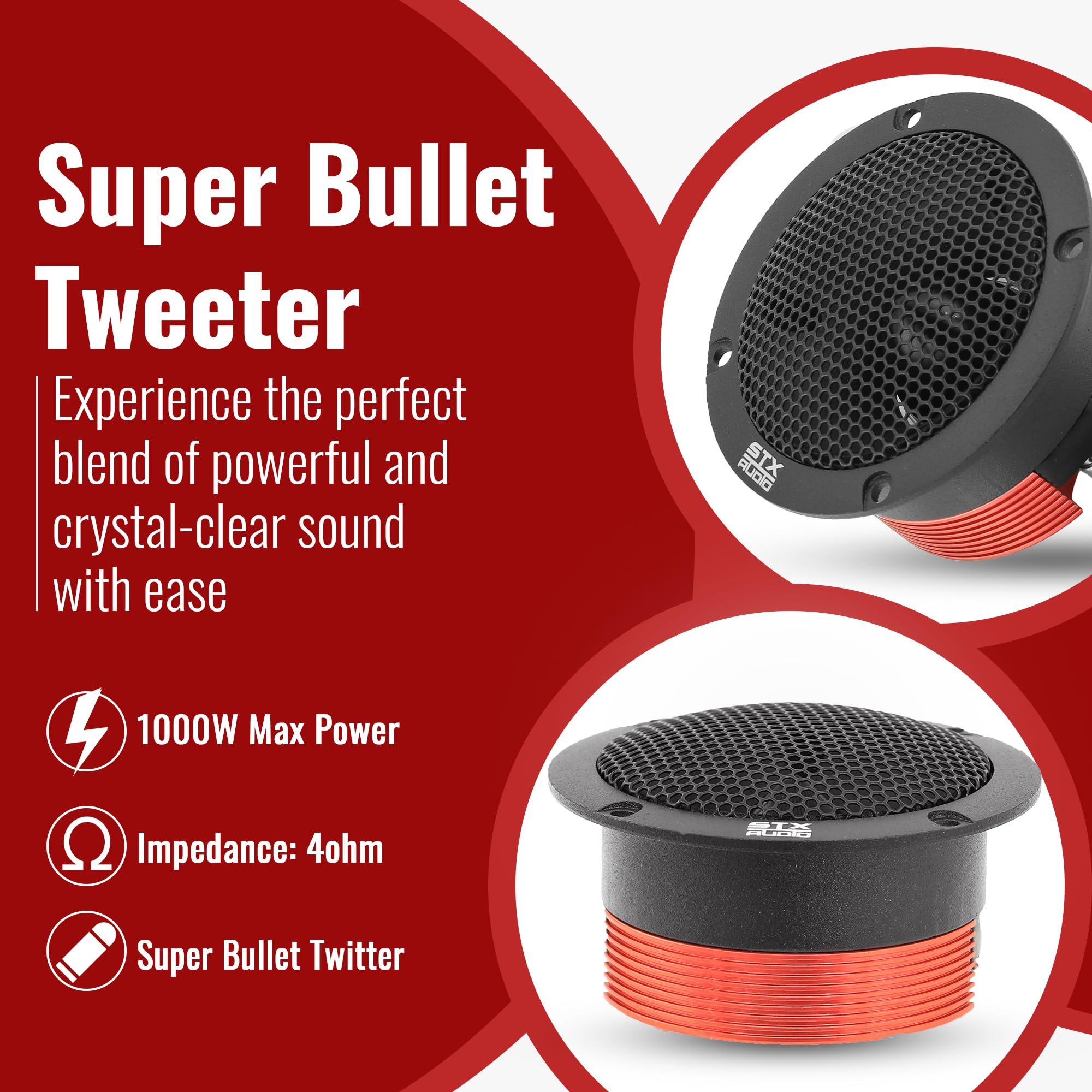 STX Audio STX-600TW Haut-parleur super tweeter de 9,4 cm, 4 Ohm, puissance maximale de 1000 W, sensibilité de 105 dB, membrane en titane, bobine vocale CCAW pour voiture professionnelle