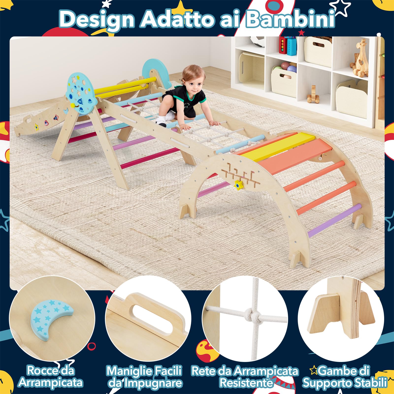 RELAX4LIFE Set da Arrampicata per Bambini, Triangolo di Arrampicata con Scivolo e Arco, Gioco di Incastri in Legno, Gioco Montessori per Bambini 1+ Anni