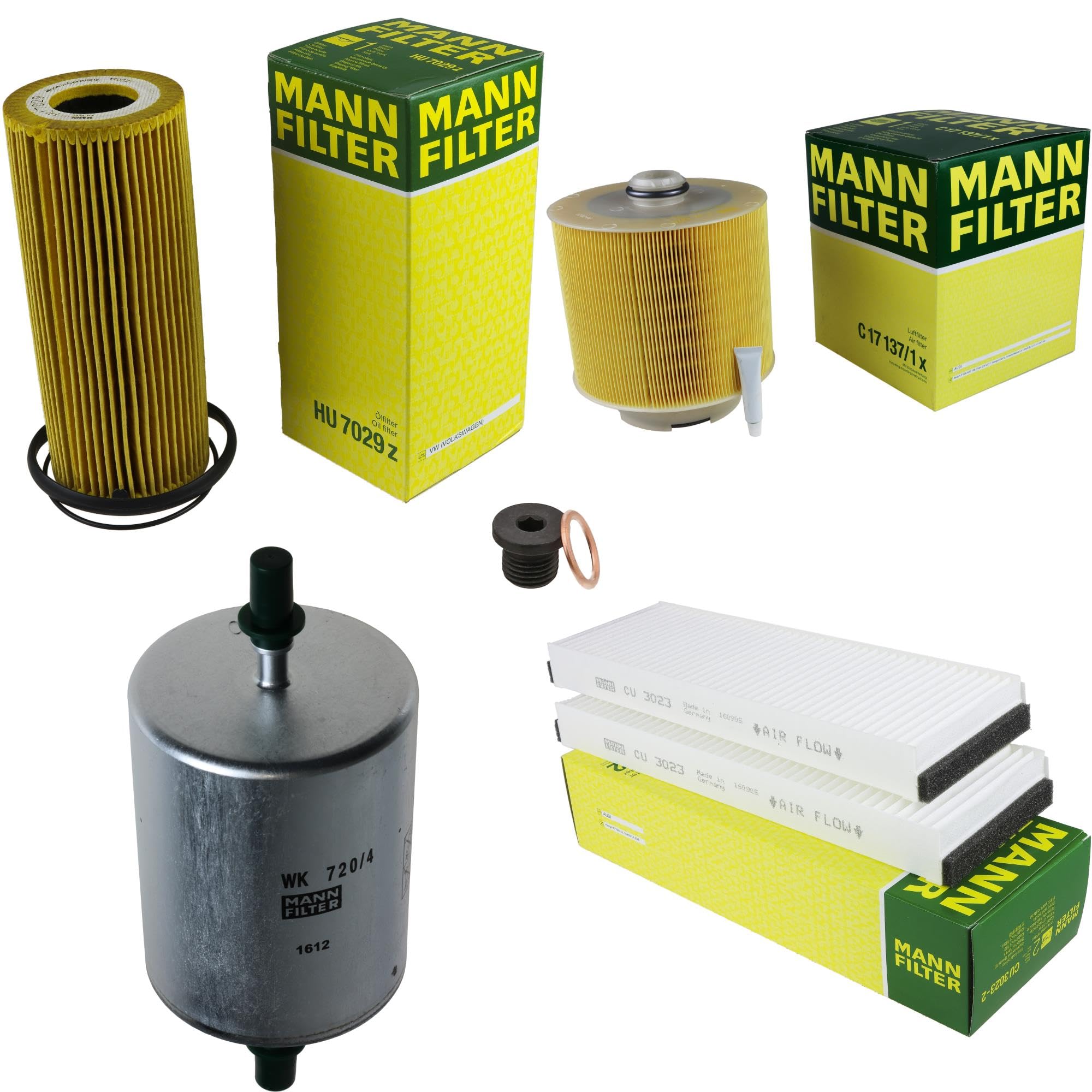 Paquete de inspección Kit de mantenimiento de filtros con filtro de aceite HU 7029 z, filtro de aire C 17 137/1 x, filtro de combustible WK 720/4, filtro de habitáculo CU 3023-2, tornillo de