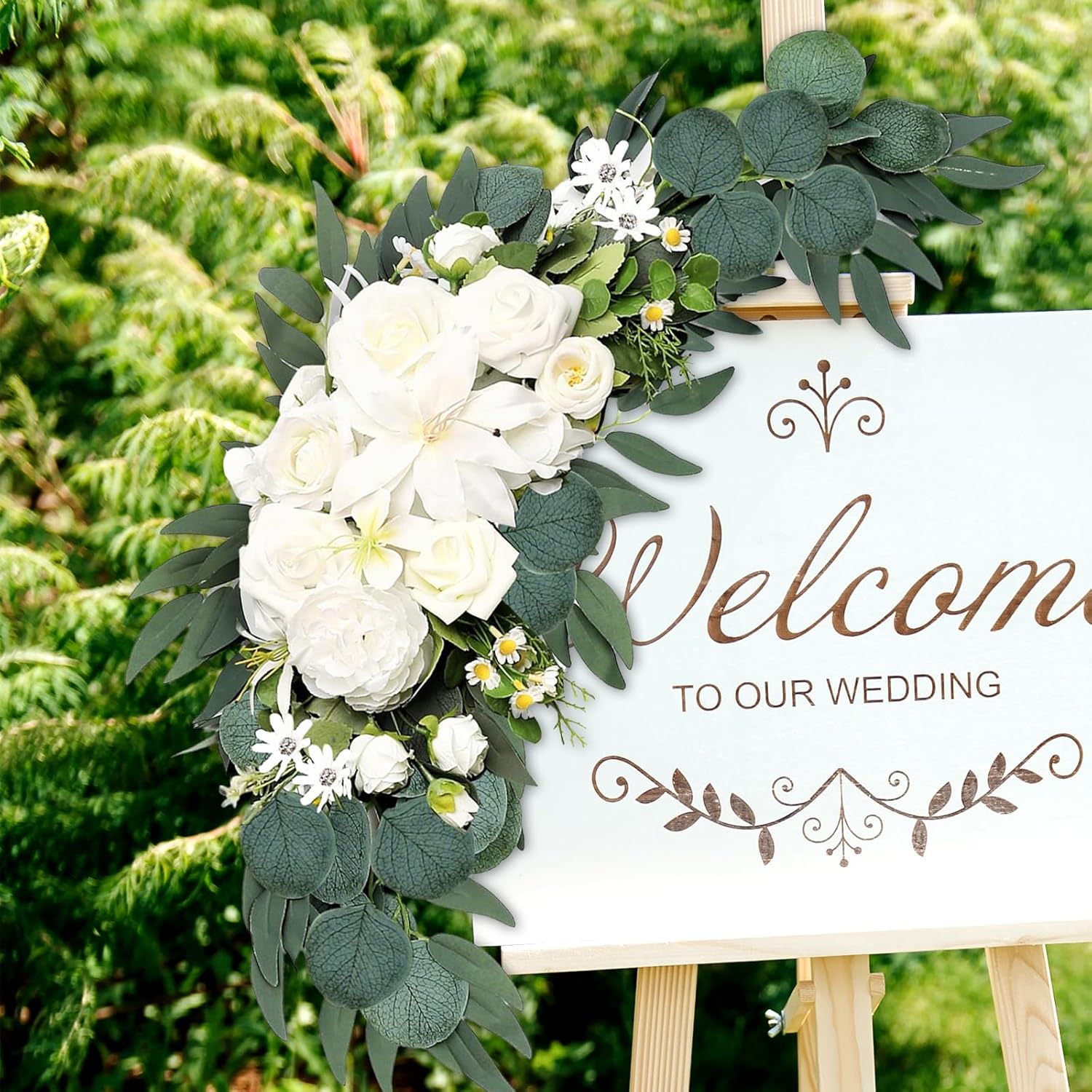 Wedding Arch Flowers 2 Pack, Artificial White Roses and Greenery Swag for Welcome Sign Decorations, Ceremony Backdrop, Reception Arch Decor