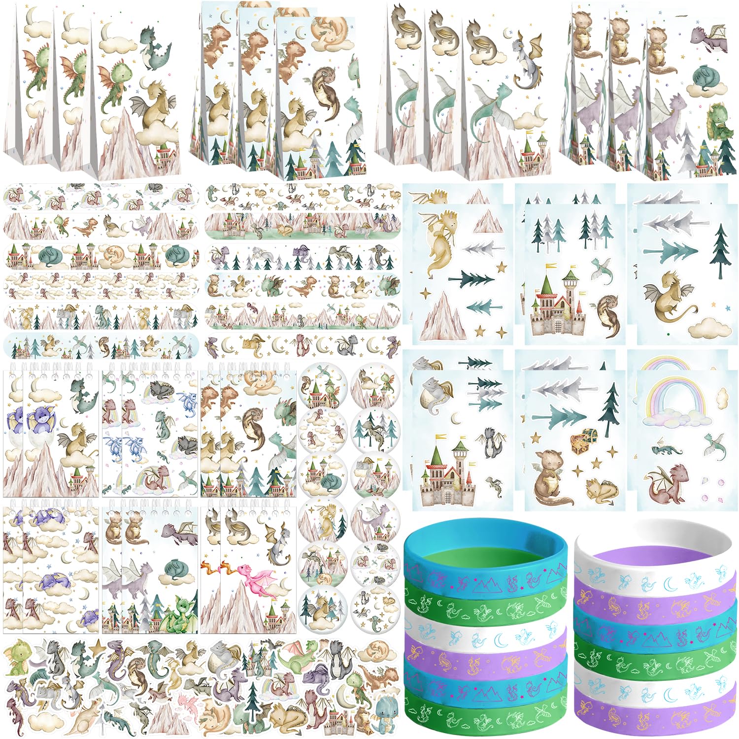 Ywediim Dragon Party Favors, Including Gift Bags , Stickers Badge Slap Bracelets Silicone Wristbands DIY Stickers