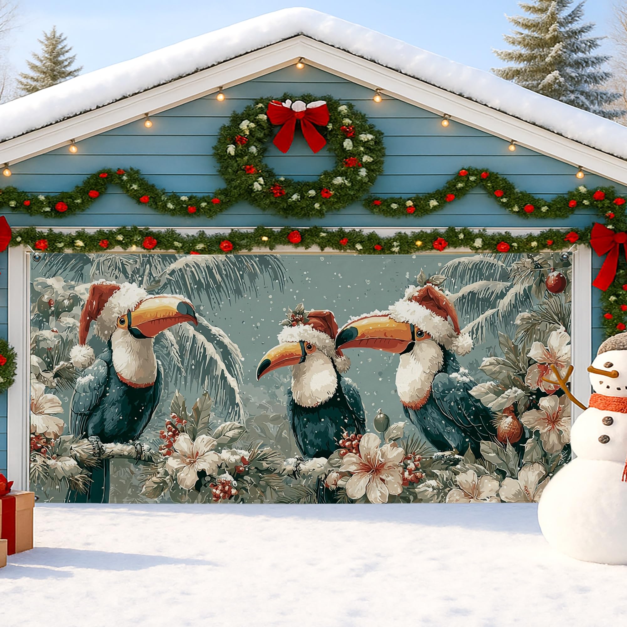 Décoration de porte de garage Noël tropicale grand format 397 x 180 cm
