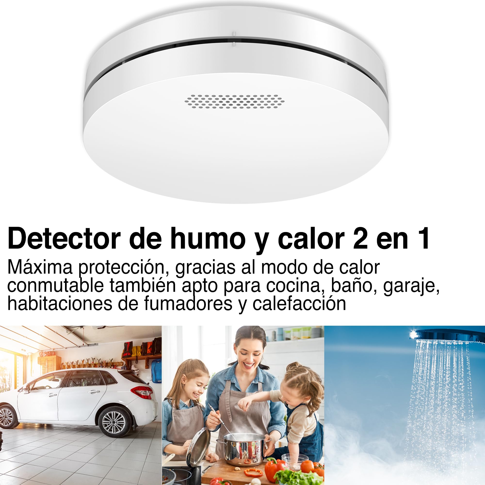 ALPENLUFT Detector de Humo Inalámbrico en Red 10 Años Batería, Alarma de Humo y Detector de Calor 2en1, Alarma de Incendios, Detector de Incendios, Sin Taladrar, Sin LED Intermitente (Set con 1)
