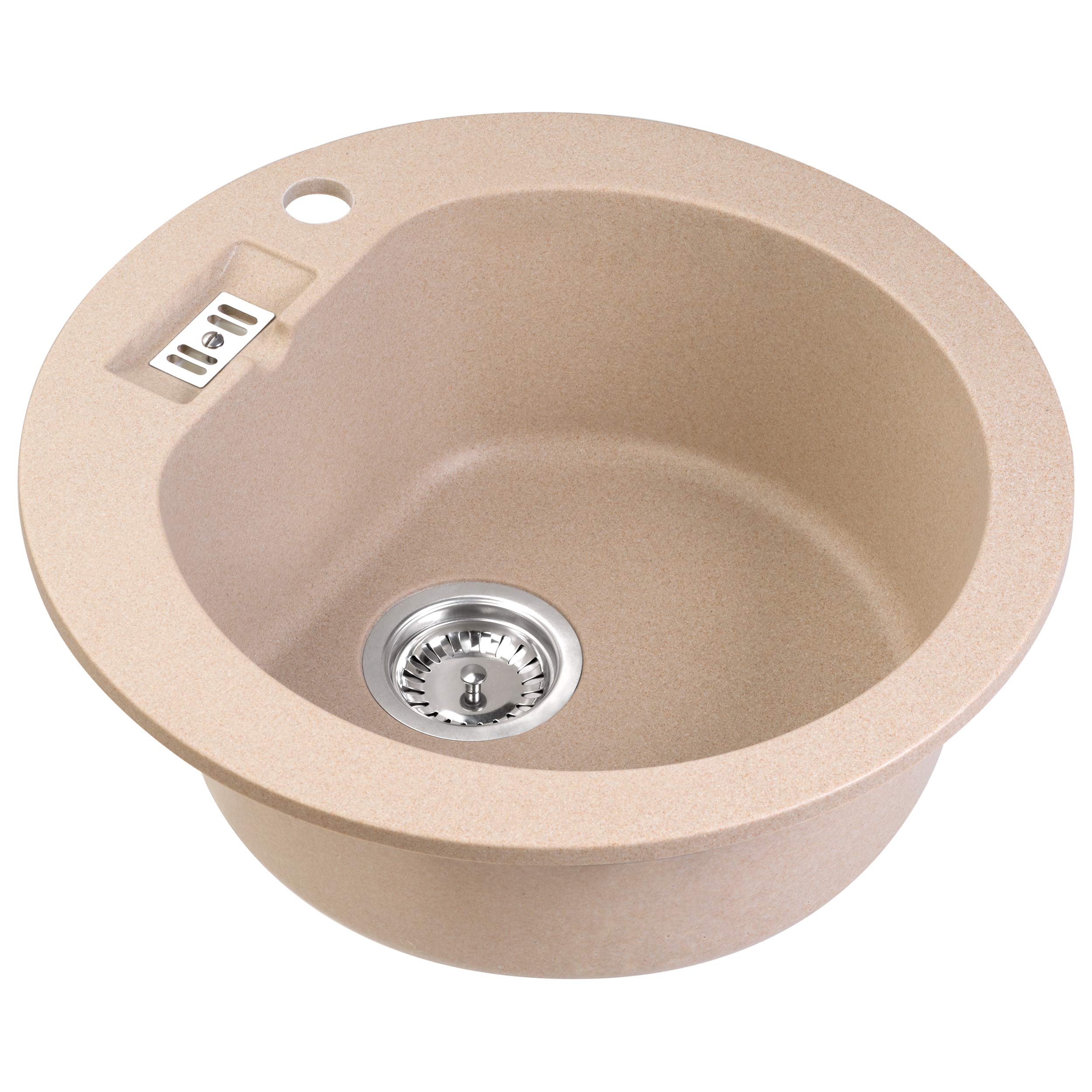 Luccio Granit Spüle Einbauspüle Spültisch Spülbecken rund inkl. Ablaufgarnitur, Korbventil, Siphon und Schablone in Beige