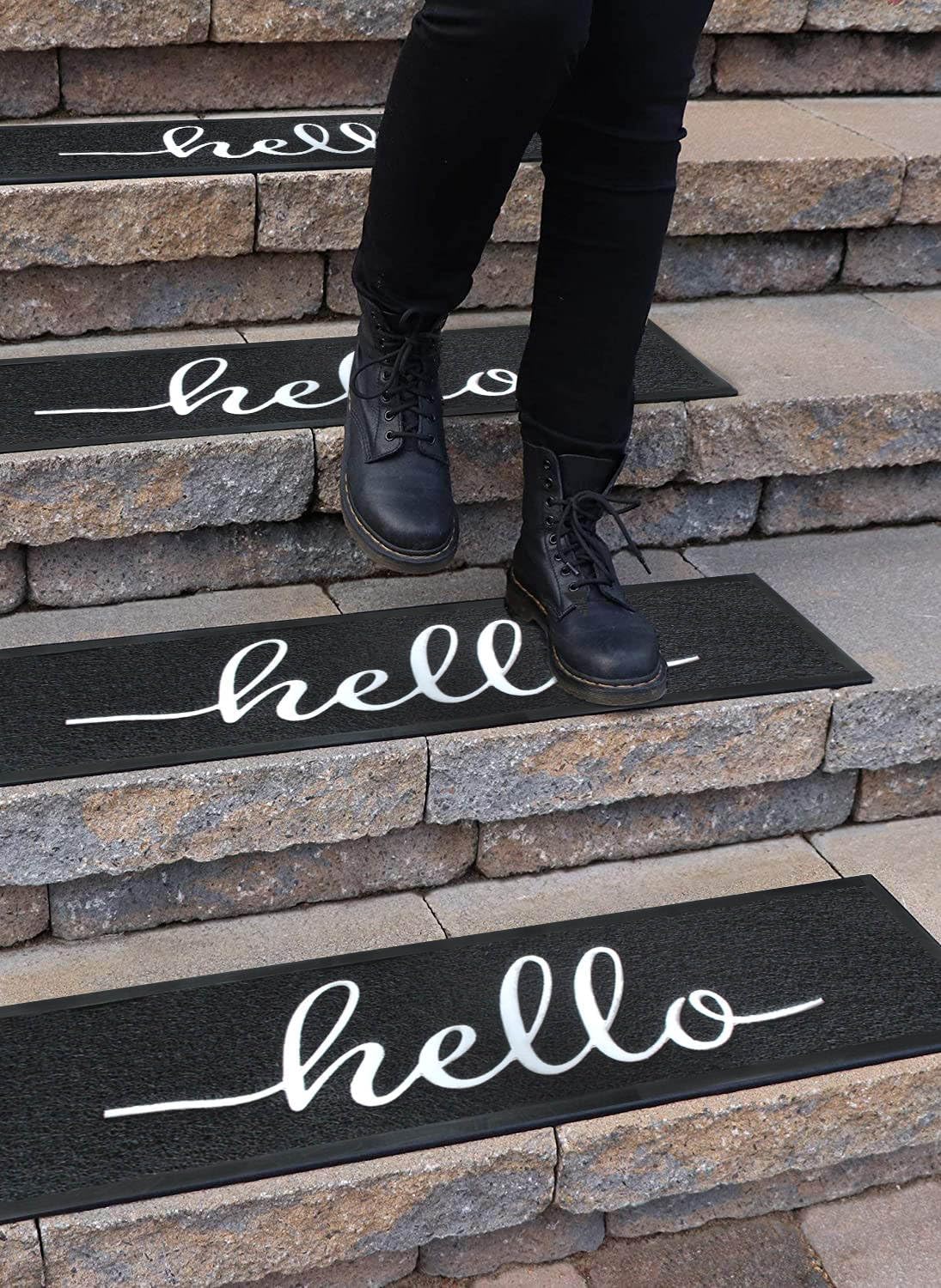 Hello Non Slip Doormat for Outdoor Steps - 35'' x 10'' - Water Resistant, Decorative Step Mat for Stairs - Rubber Treads in Black