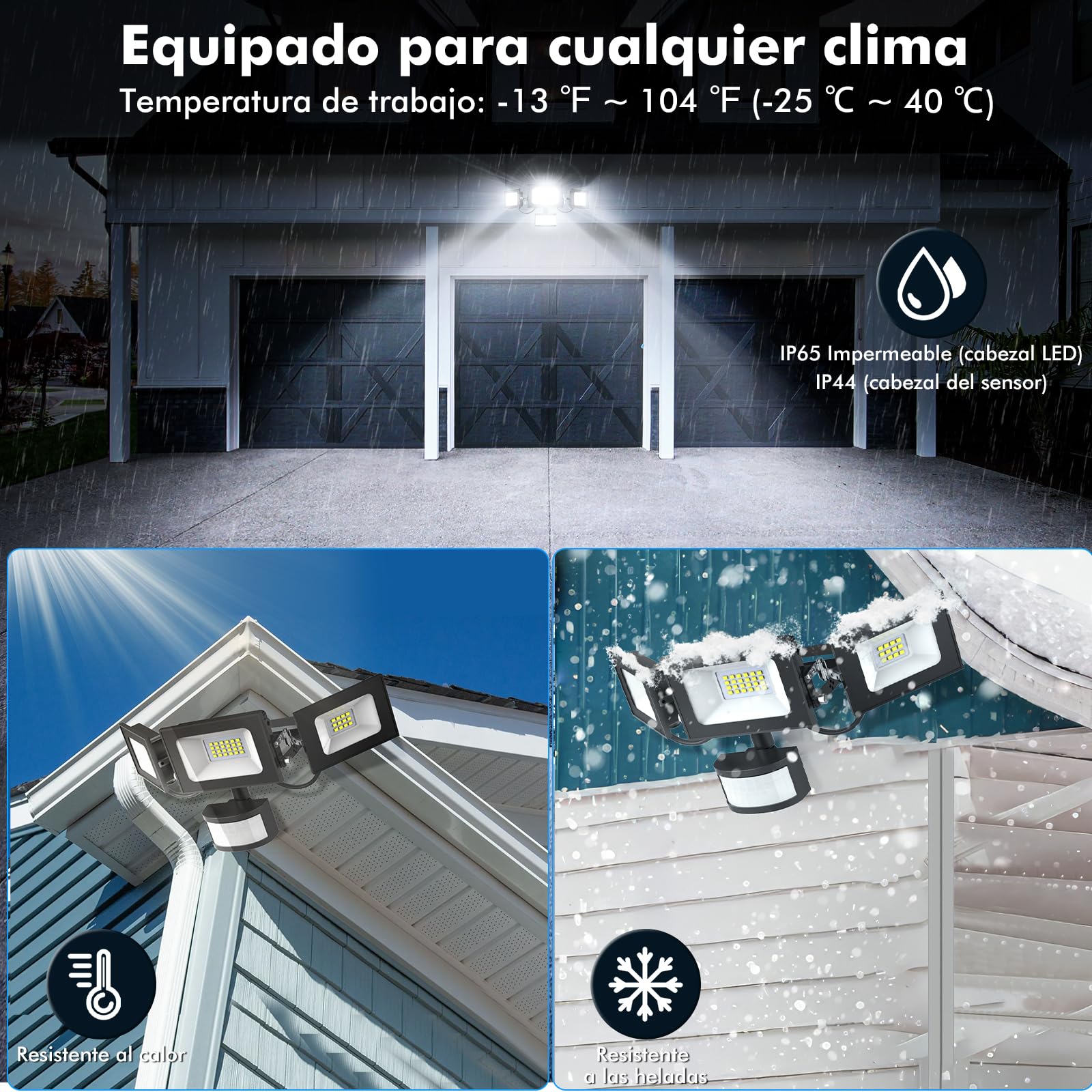 100W Faretto Led da Esterno, 10000LM 6500K Bianca Fredda Faro con Sensore di Movimento, IP65 Impermeabile 3 Moda Luci di sicurezza Proiettore a tre teste per Interno,Giardino,Garage,Cortile