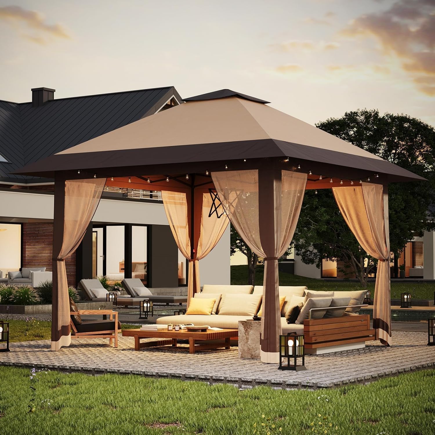 13’x13‘ Pop Up Gazebo, Outdoor Canopy Tent with Mosquito Netting, Pop Up Canopy with Double Roof Design & Adjustable Height, UV-Resistant Patio Gazebo Sunshade for Graden/Backyard/Lawn/Beach (Khaki)