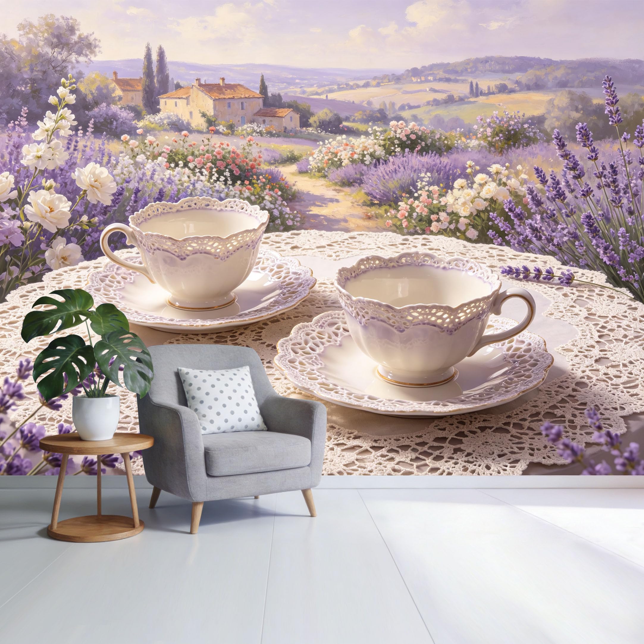 Custom Size Wall Mural Lavender Field Provence Landscape Tea Cups Vintage Farmhouse Botanical SelfAdhesive Wall Fabric Removable Wallpaper for Home Office Decor