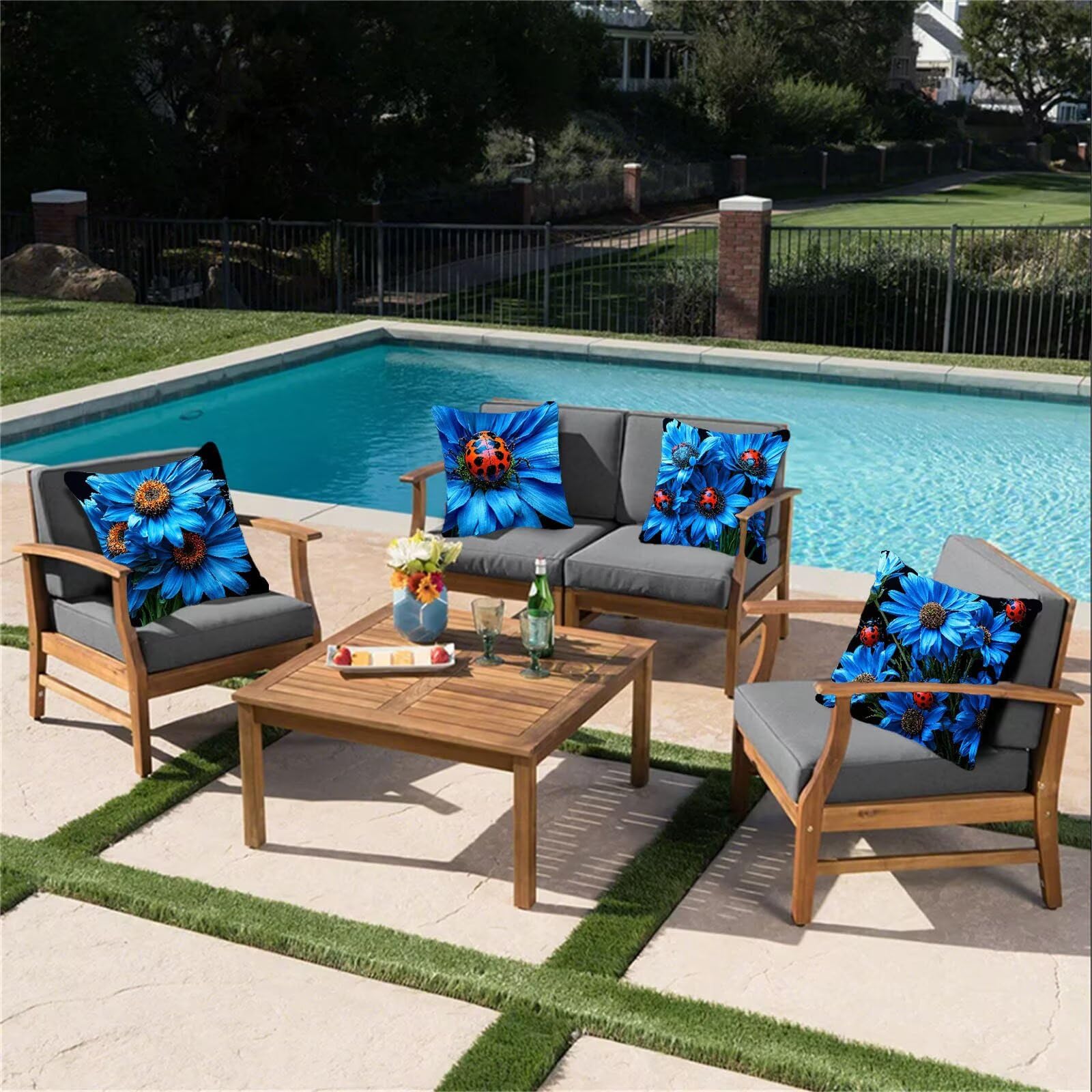 Kissenbezug 65x65 4er Set, Outdoor Kissen Blau Sofakissen, Wasserdicht Kissenbezüge Gänseblümchen Dekokissen mit Unsichtbarem Reißverschluss, Zierkissenbezüge für Schlafzimmer Sofa Stuhl Bett G1-893