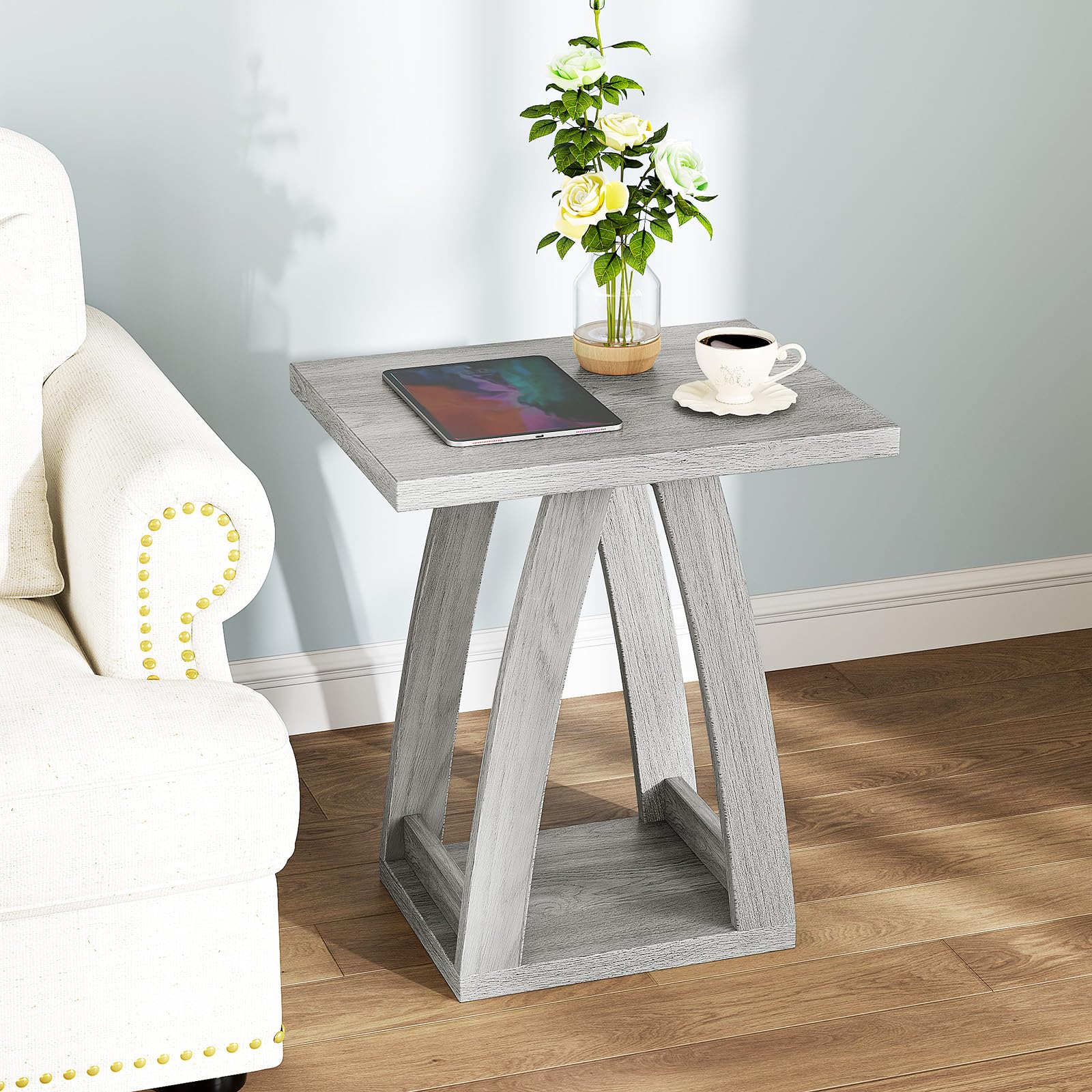 End Tables Living Room. Side Table Beside Sofa. Modern End Table for Living Room. Couch Side Table with Shelf. Grey Wood Side Tables